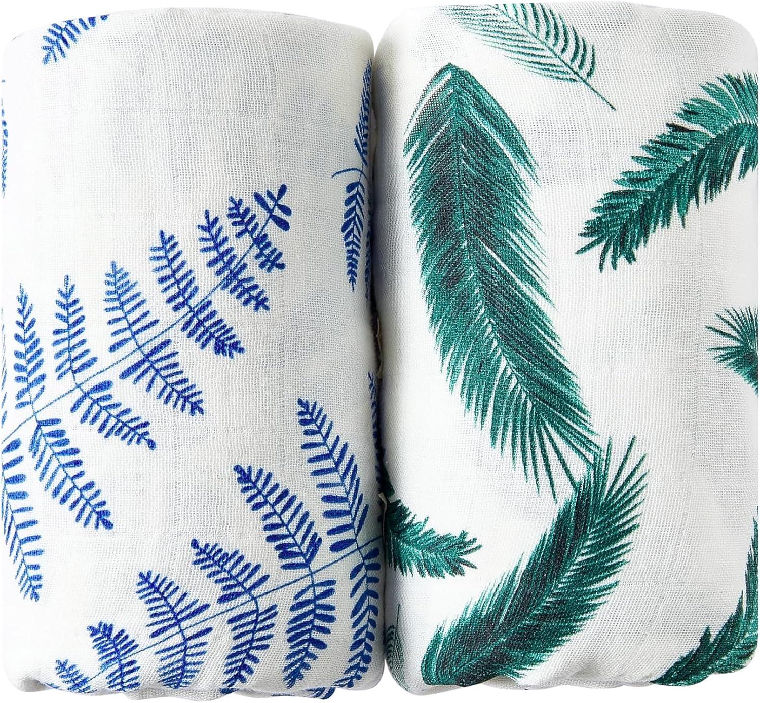 Margaux & May Organic Muslin Baby Swaddle – 100% Organic Cotton, Large 47” x 47” Newborn Swaddle, Soft & Breathable Muslin Swaddle Blanket, Blue Fern and Green Feather