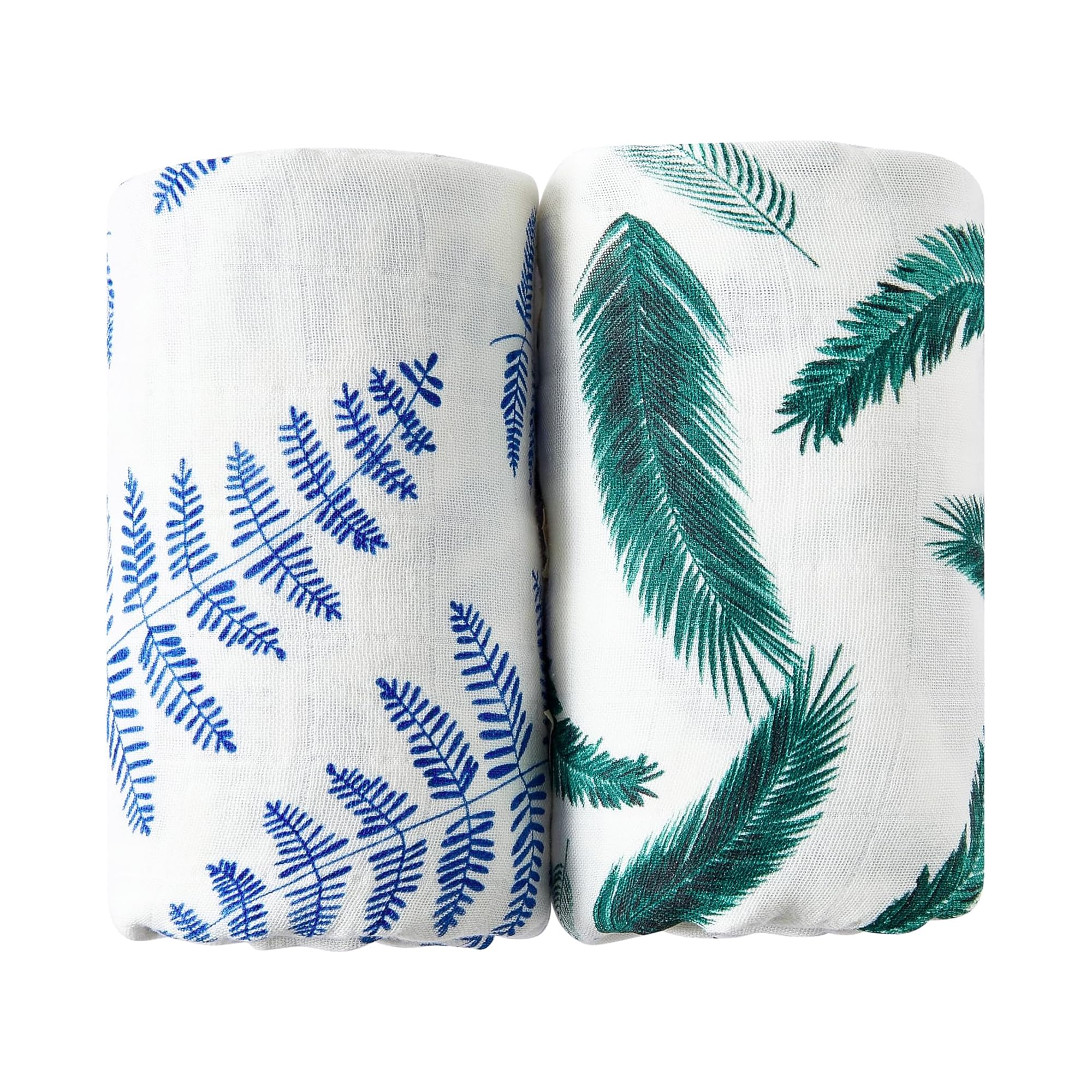Margaux & May Organic Muslin Swaddle Blankets 2 Pack - 100% Organic, Large 47x47 Inches, Breathable Baby Blankets, Blue Fern and Green Feather
