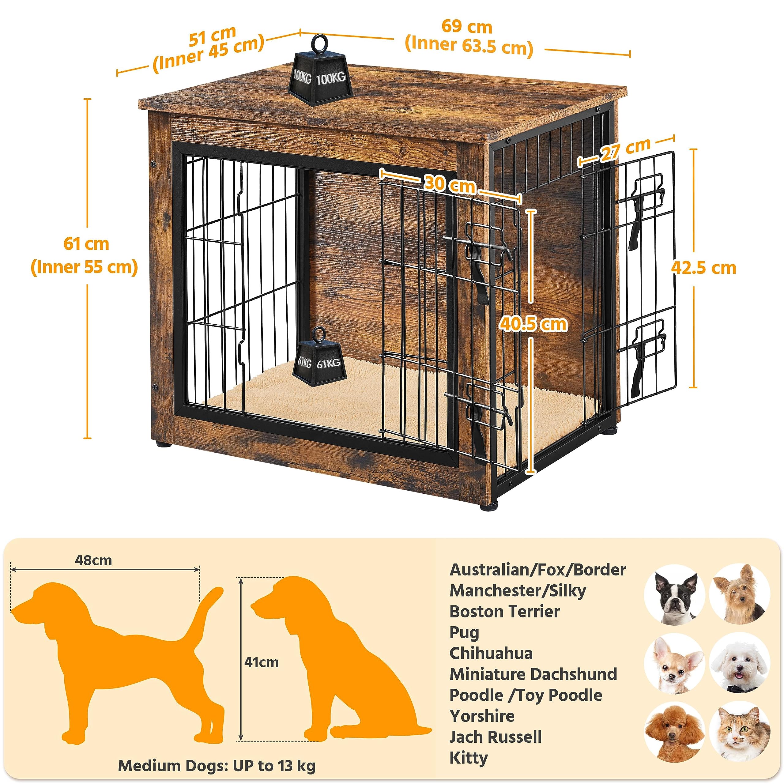 Yaheetech Jaula para perros de madera, estilo mueble, jaula para mascotas con 2 puertas y cojines, moderna caseta para perros pequeños/medianos de hasta 61 kg, 69 x 51 x 61 cm, color marrón
