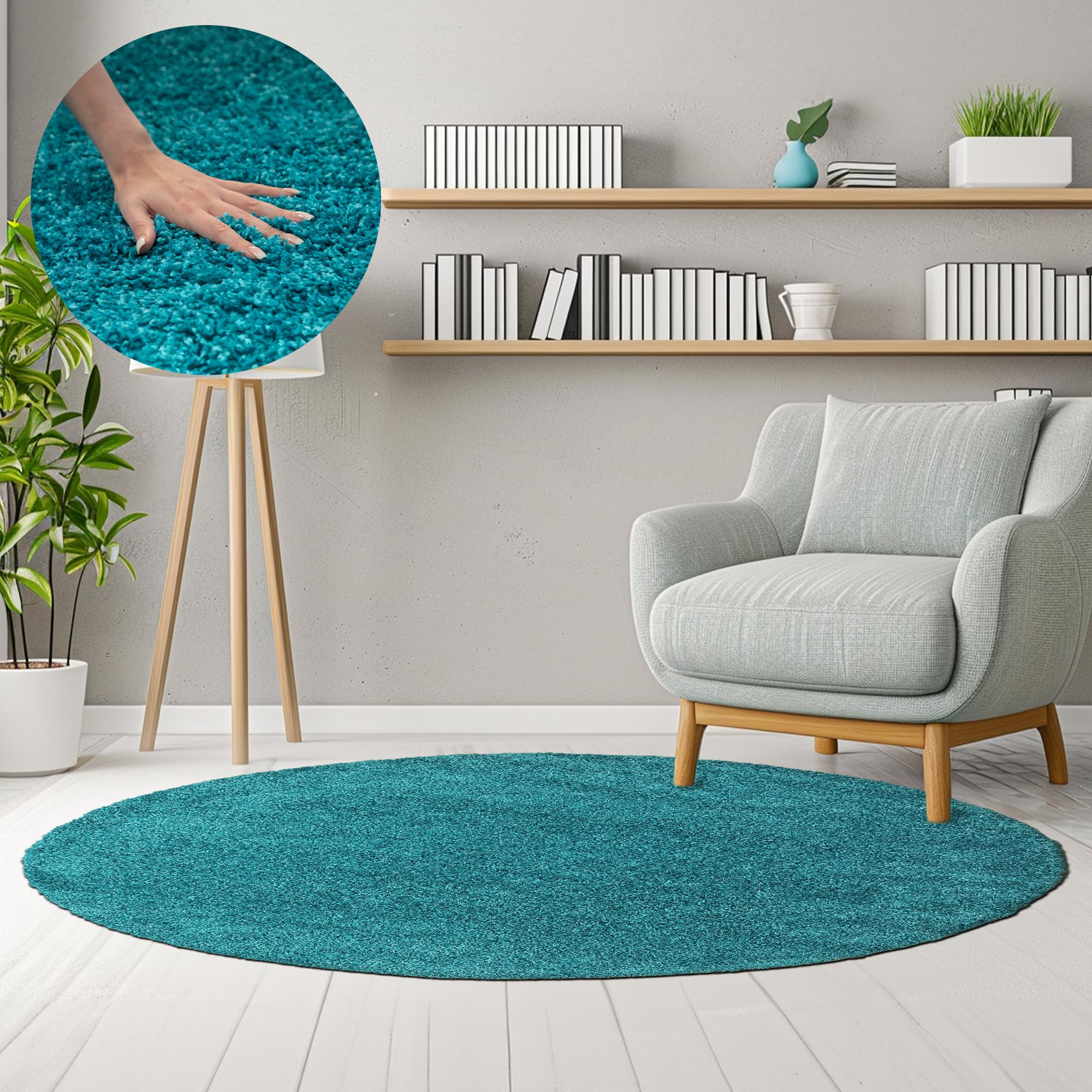 HomebyHome Teppich Rund Hochflor 160 cm Rund - Shaggy Runder Teppich Wohnzimmer Türkis Extra Weich und Flauschig - Waschbarer Langflor Teppiche für Schlafzimmer, Küche, Flur - Carpet, Halı, Kilim