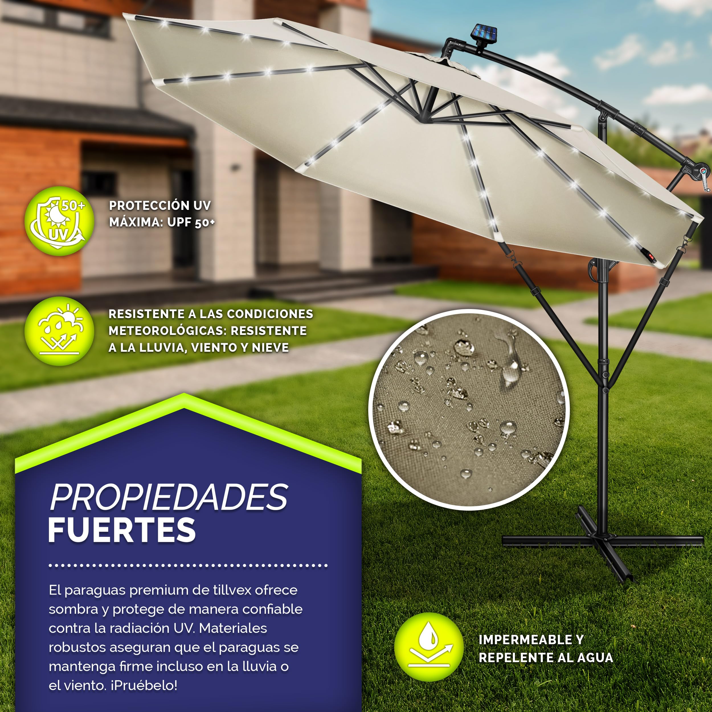 tillvex 300/350 cm Sombrilla Excentrico con 32 Luces LED Solar | Parasol para Terraza Jardín Balcón Patio | con Manivela y Base en Cruz, Giratorio 360º, Protección UV
