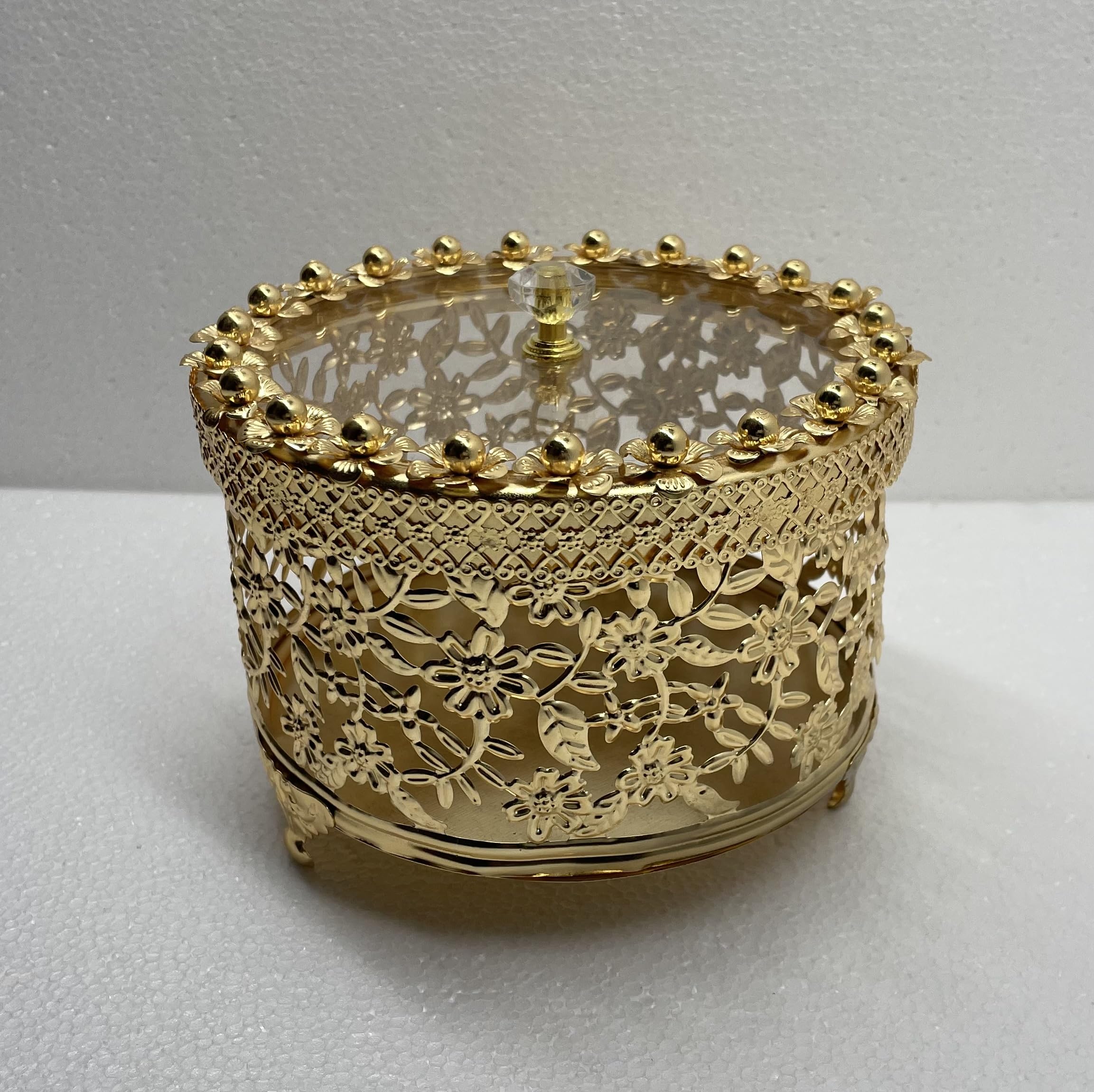 M.K Handicraft Decorative Jewelry Box with Crystal Knob, Gold Met al Filigree Design, Round Glass Storage (6INCHES) Container For Jewellery,Watch And Accessories (Floral gold 6Inches)-image-10
