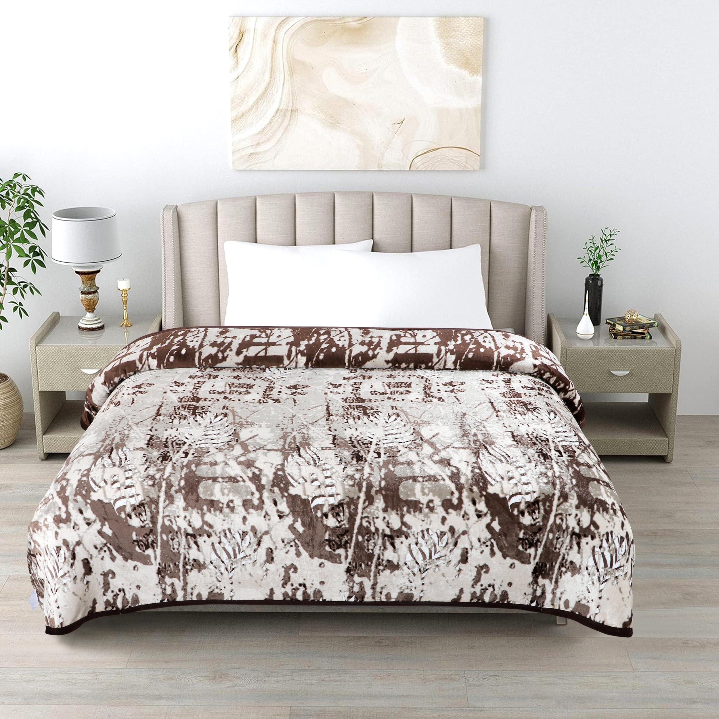 Gullivar Ultra Soft Flannel Printed Double Blanket 220x240 cm | 200 GSM Warm & Cozy All Season AC Blanket for Winter| Duvet/Quilt Throw for Bedroom & Living Room- Beige & White
