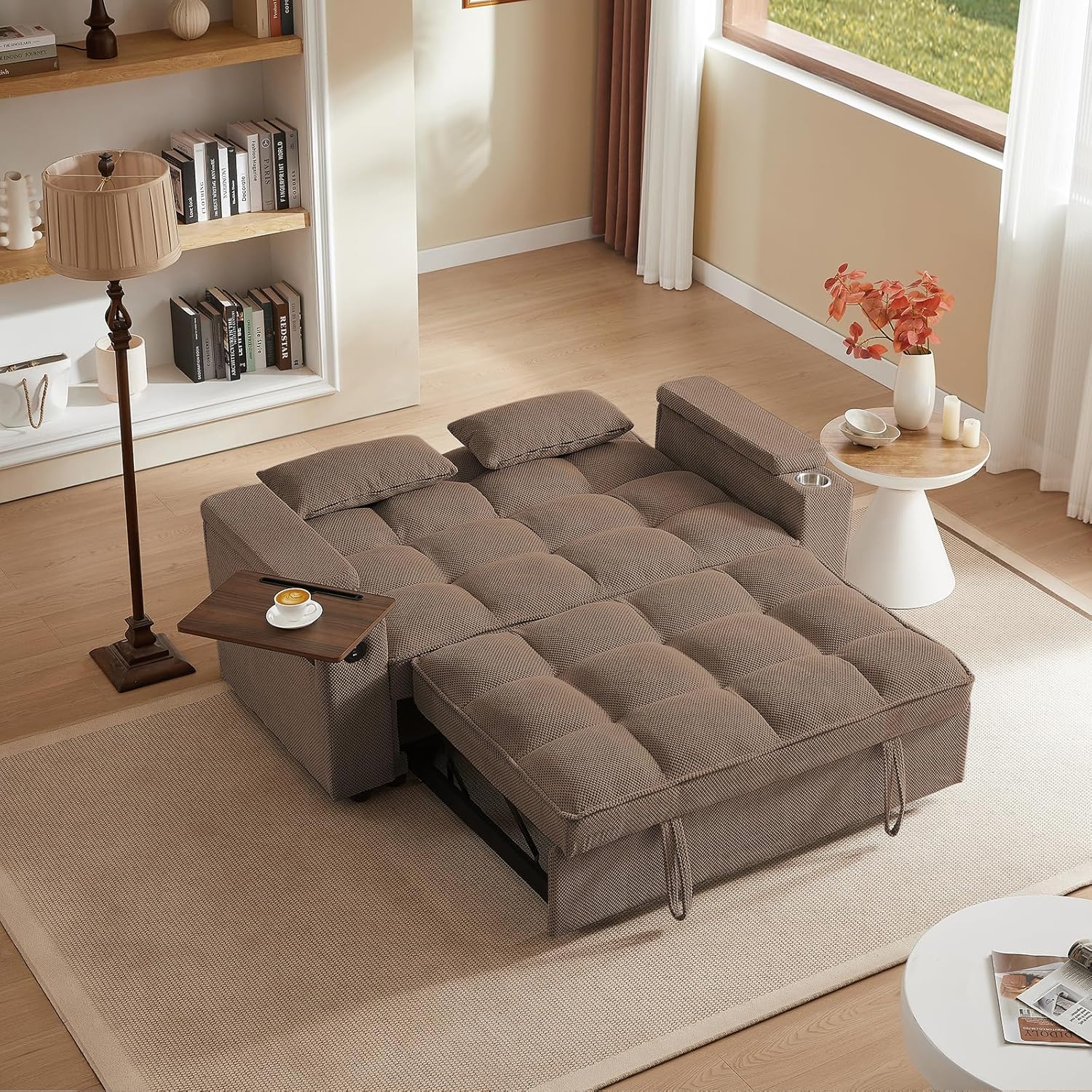 Diagram showing 4 steps to convert the loveseat into a bed