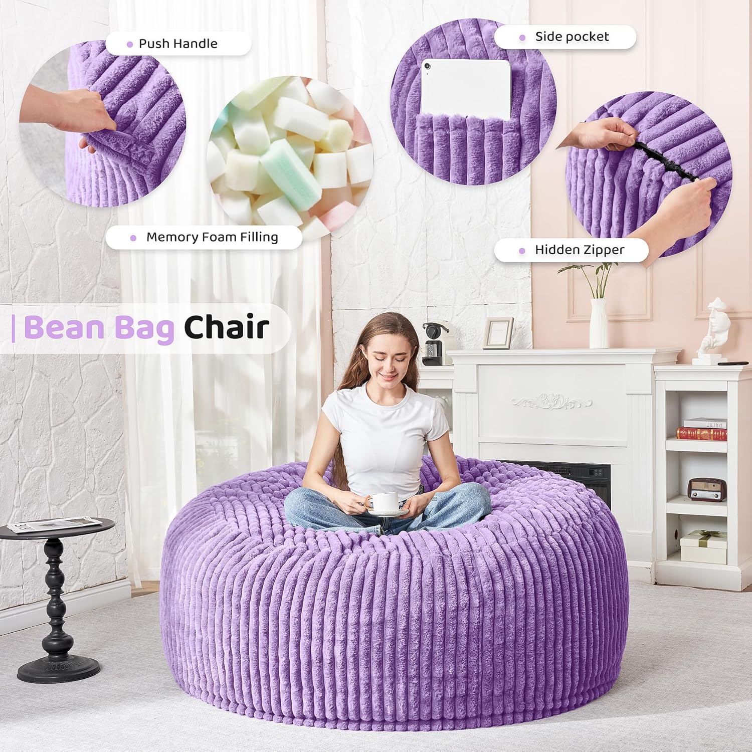 HABUTWAY 3FT Bean Bag Chair, 3' Large Bean Bag Chairs for Adults with Stripe Plush Cover, Memory Foam Beanbag Chair for Living Room Bedroom Dorm，Purple