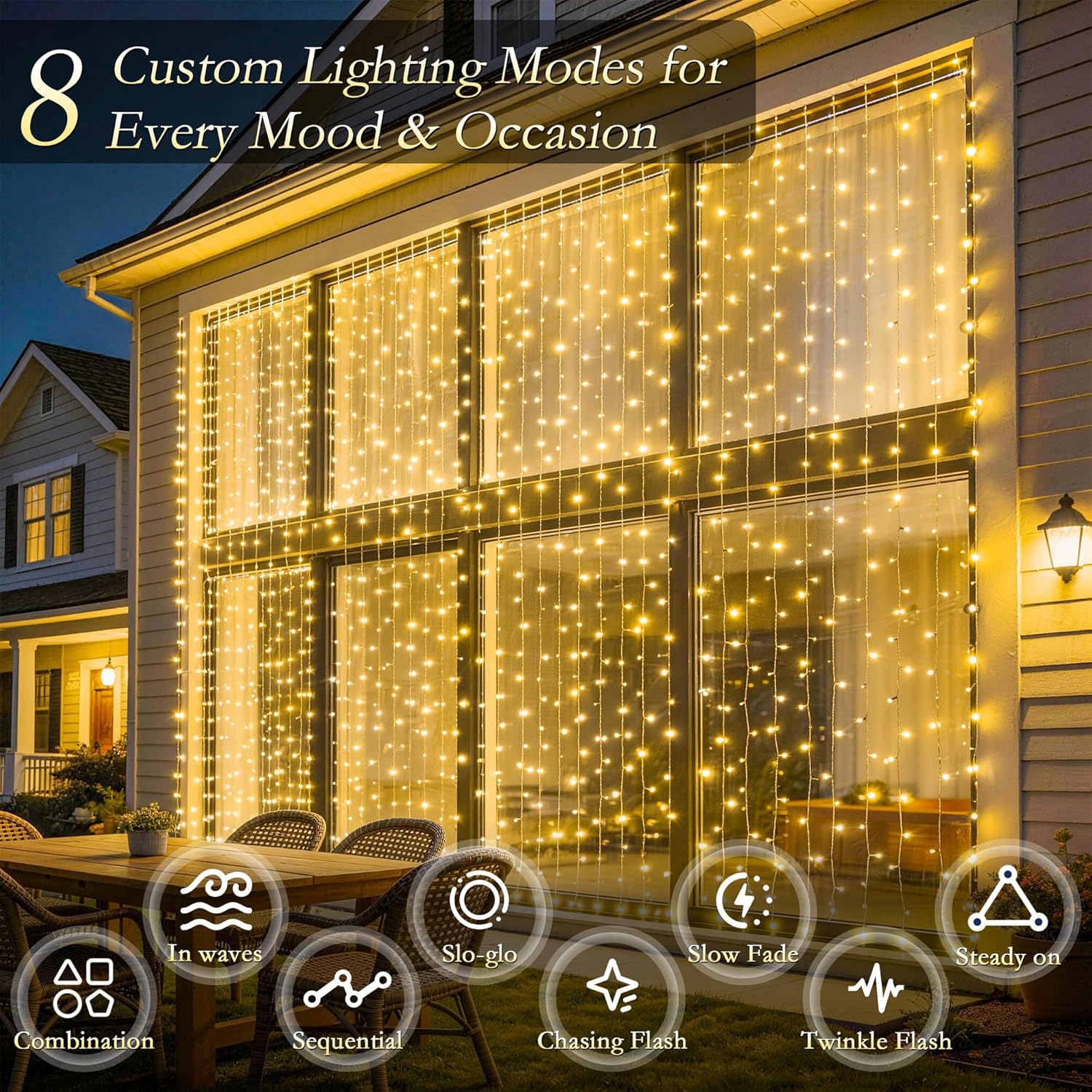Curtain String Lights Indoor, 300LED 9.8 * 9.8FT USB Plug-in Window Curtain Lights with Timer and 8 Modes, Waterproof Warm White Curtain Fairy Lights for Bedroom Room Wedding Outdoor Decor