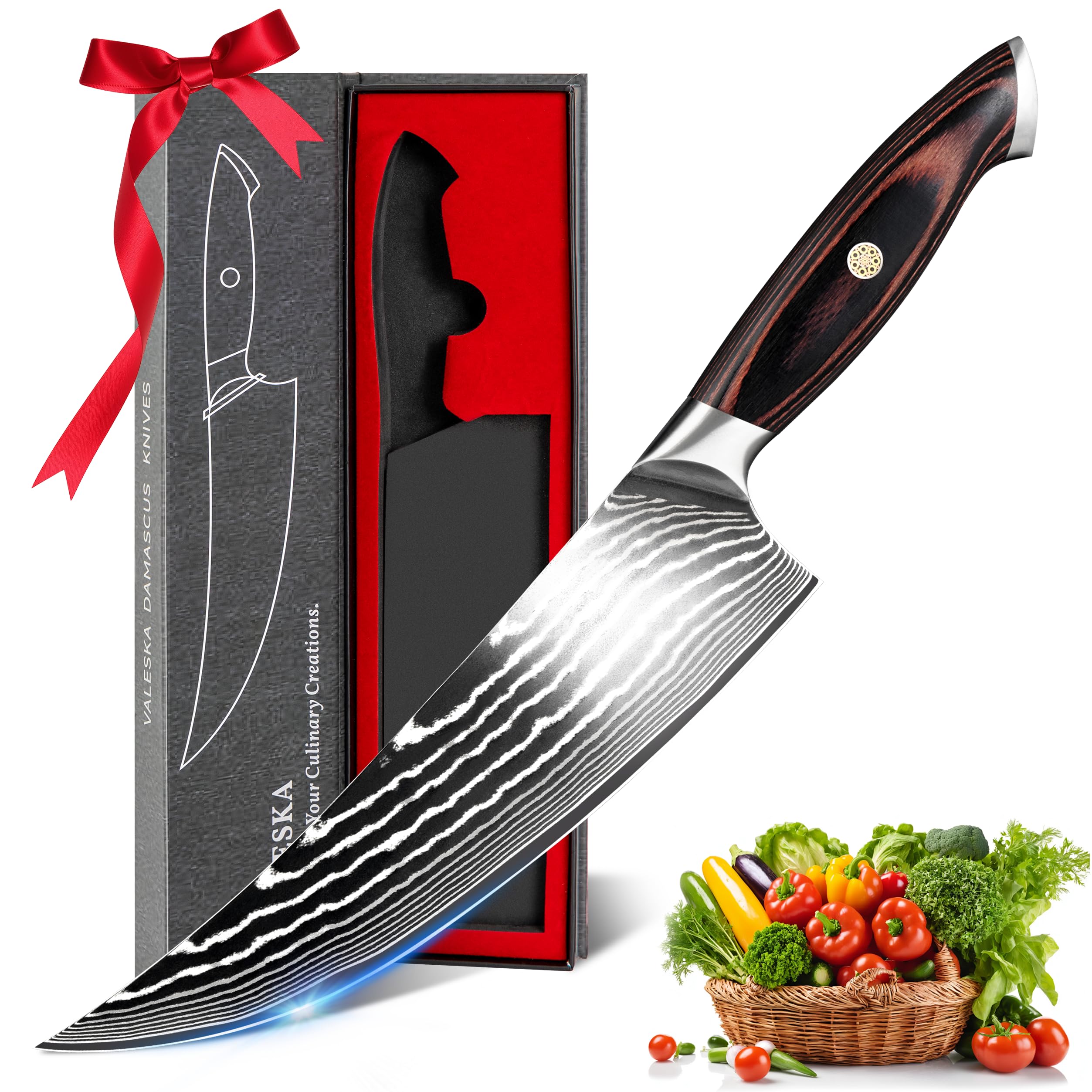 VALESKA 8 Inch Japanese Damascus Chef Knife, VG10 High Carbon Stainless Steel Kitchen Knife with wooden Handle, 15 Degree Edge Razor-Sharp, Gift Box for Family & Friend and Restaurant