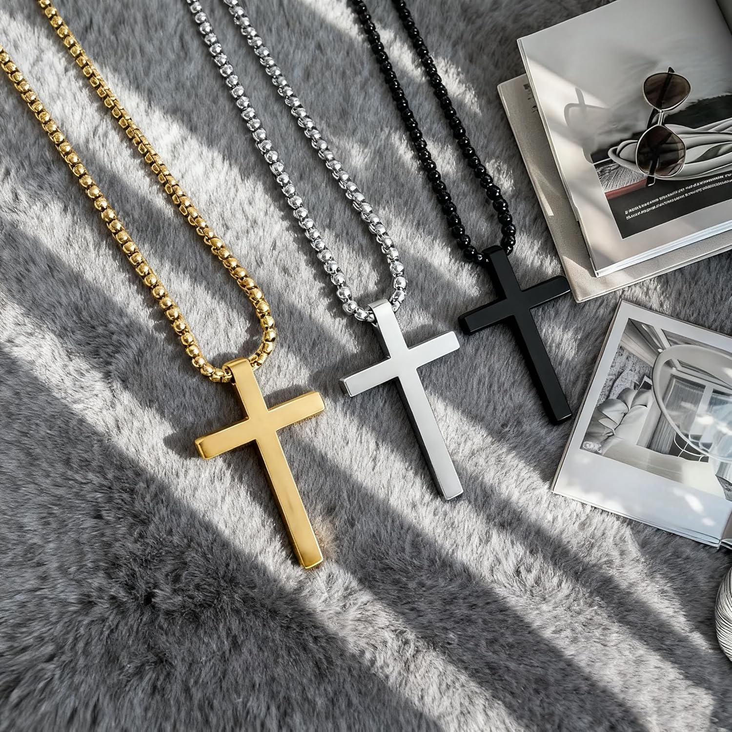 Cross Necklace for Men-Modern Religious Gift，Silver Black Gold Stainless Steel Plain Cross Pendant Necklace for Men Box Chain - Image 6