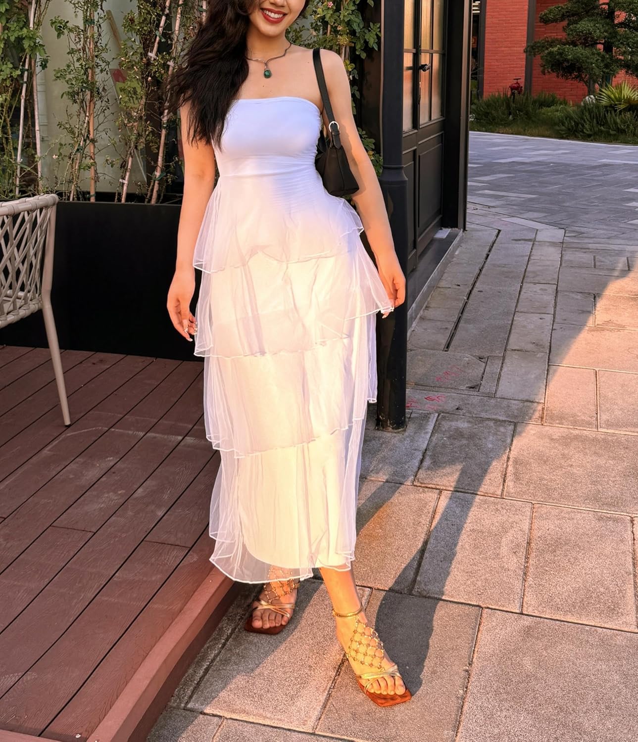 レディース 2025 夏 ノースリーブ ティアード ラッフル ストラップレス チューブ 流れるようなビーチ ゲスト ロングドレス