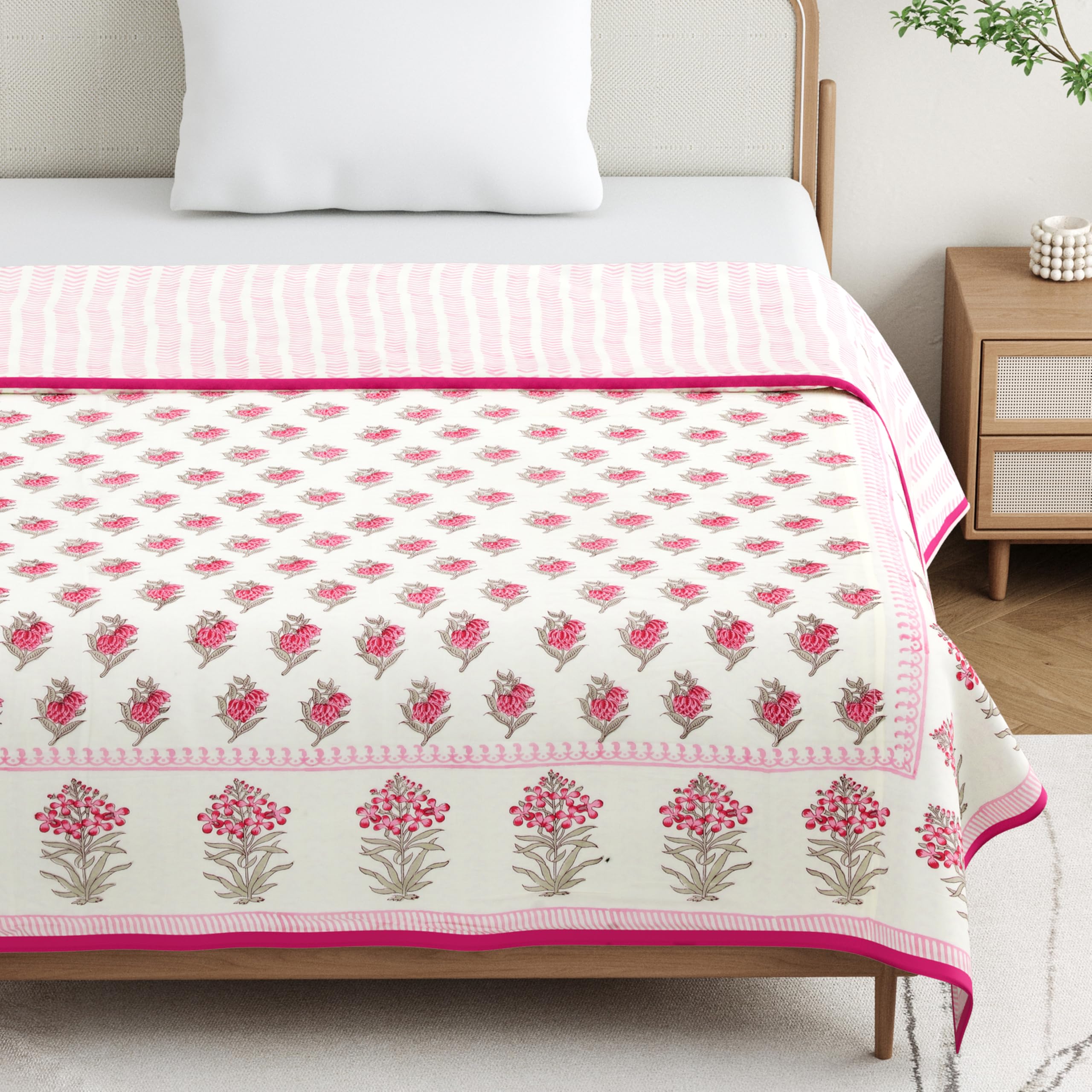 Hand Block Printed Cotton Dohar Blanket - Pink Rose -3 Hand Block Printed Cotton Dohar Blanket - Pink Rose -3