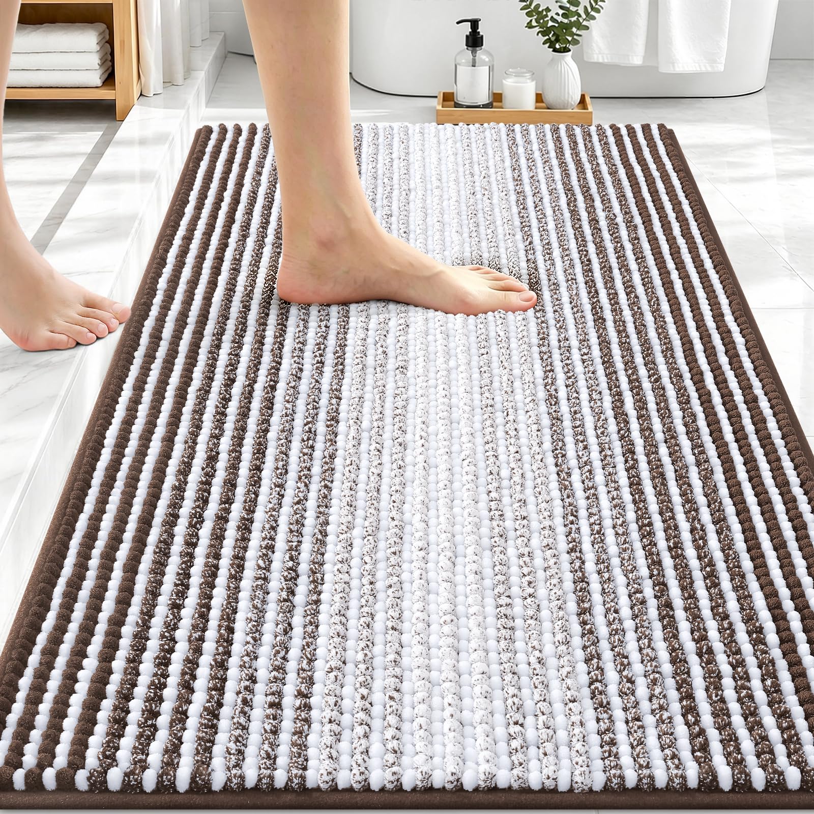 OLANLY Bathroom Rugs 30x20, Soft Chenille Striped Bath Rugs, Brown