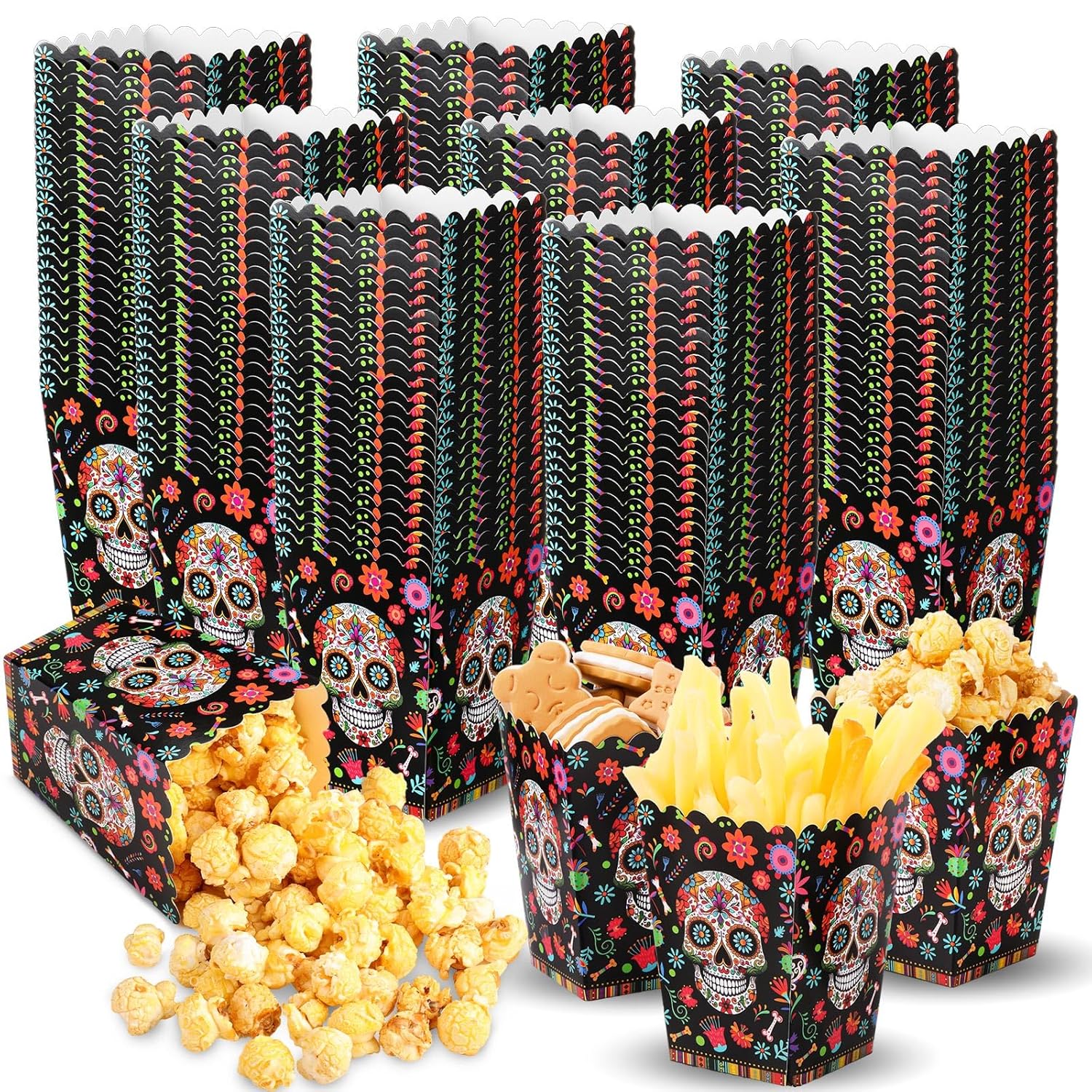 100 Pcs Popcorn Containers Bulk for Party Mini Popcorn Box Dia De Los Muertos Popcorn Treat Boxes Popcorn Bowls Snack Candy Box for Day of the Dead Flower Skull Theme Halloween Party Supplies Skull Theme Black