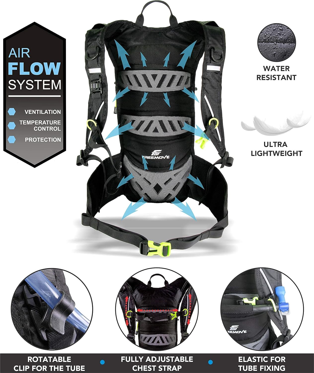 FREEMOVE Hydration Pack Backpack 3in1 - BLACK + Cleaning Kit 6in1 for Water Bladder