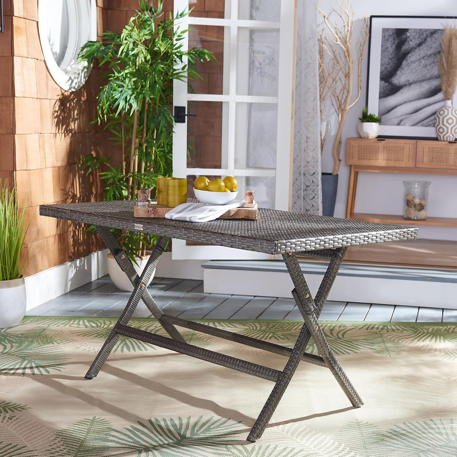 SAFAVIEH Outdoor Collection Akita Grey Brown Folding Table with Umbrella Hole PAT7503C