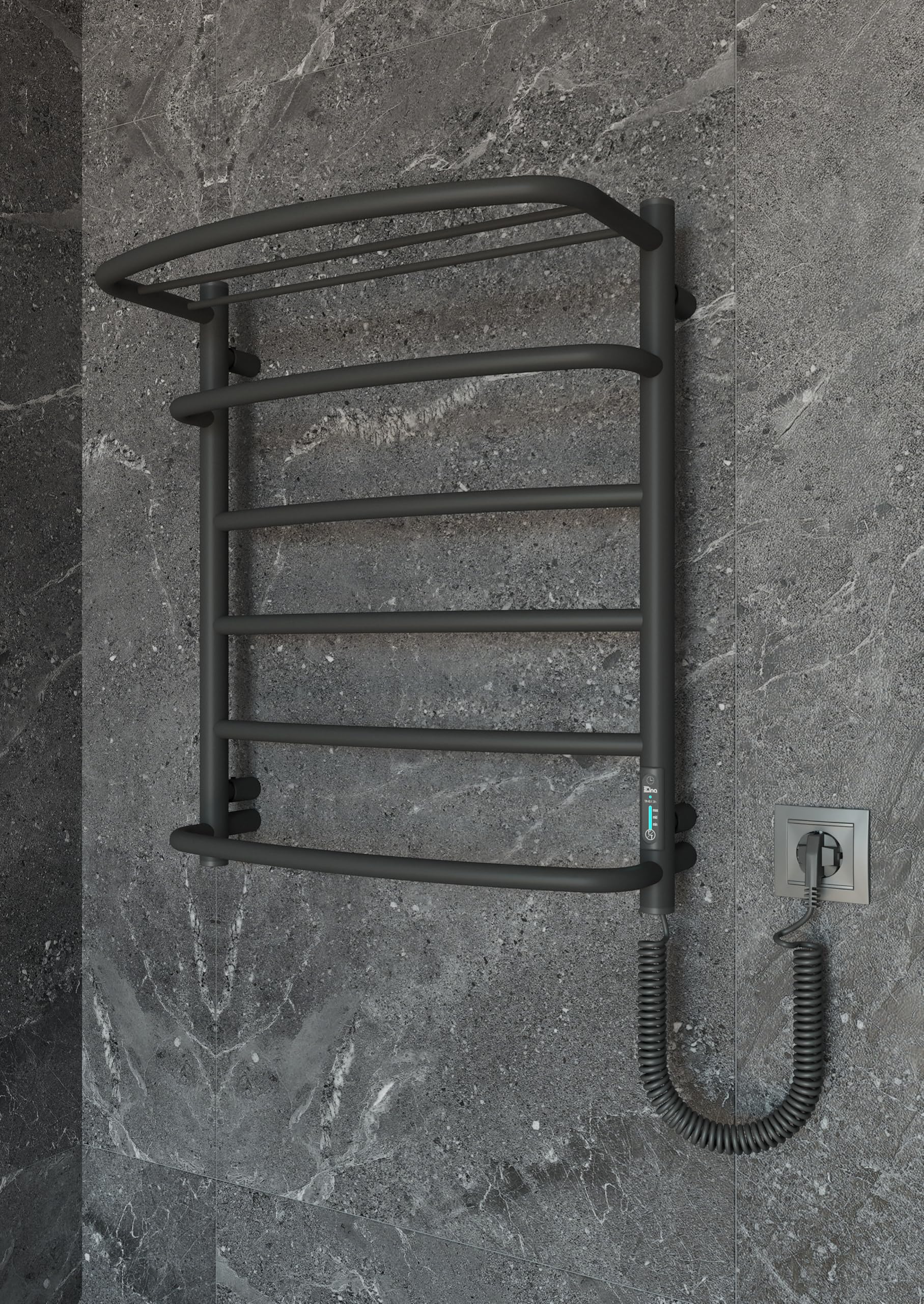 Elna Scaldasalviette Nero - 127W - 610x530mm - Elettrico con Ripiano - Per Casa e Famiglia - Acciaio Inox - Con Termostato, Timer & Eco - IP44 - Montaggio a parete