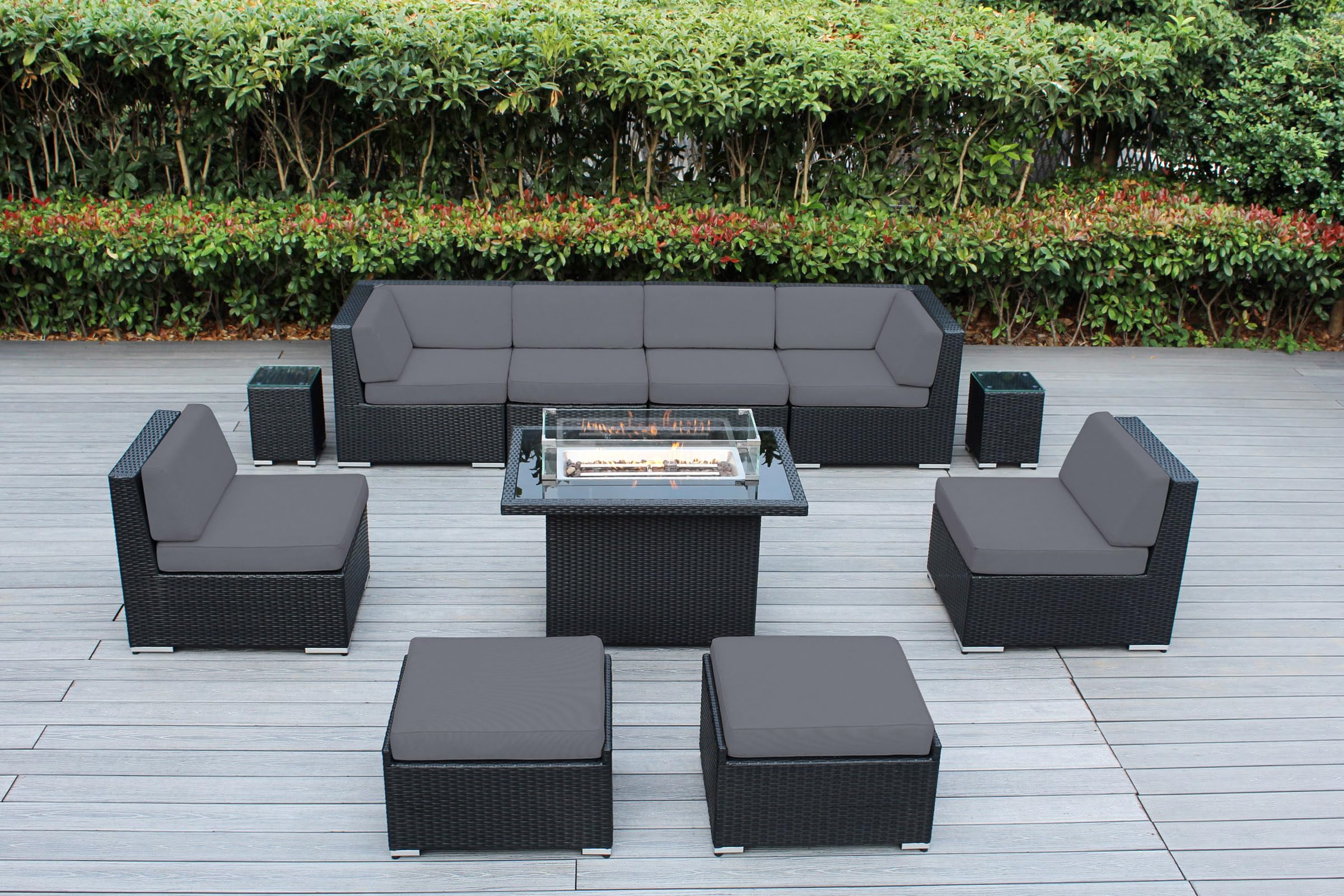 Ohana Depot Fully Assembled 11 Piece Ohana Outdoor Patio Furniture Black Wicker Gray Olefin Cover Conversation Set with and 42-inch Propane Gas Fire