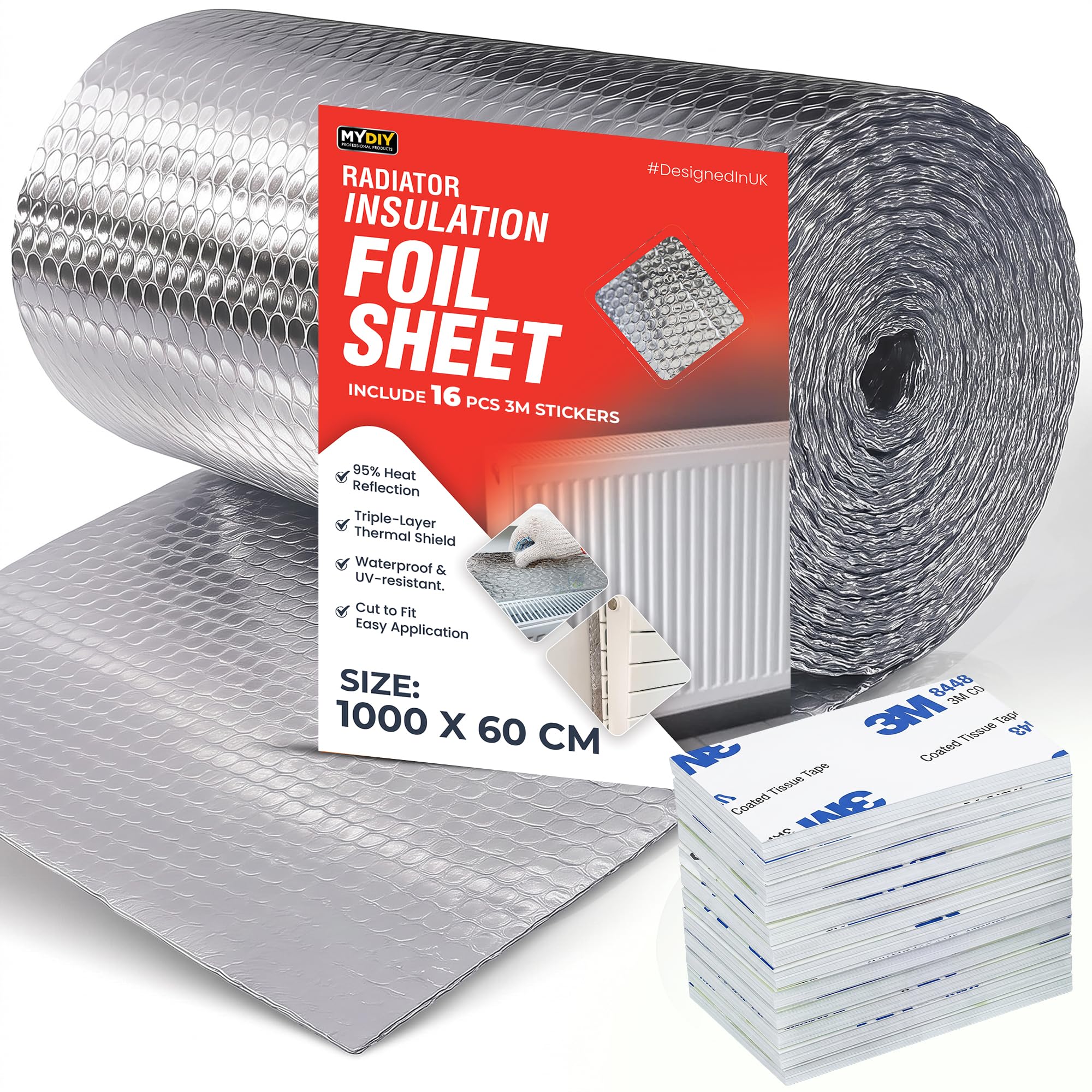 My DIY Radiator Insulation Foil Sheet 10 Meters x 60CM Reflects 95% Heat | Includes 16 PCS Stickers - Thermal Radiator Reflector Sheet UV Resistant, Energy Saving Foil for Wall & Floor Radiators
