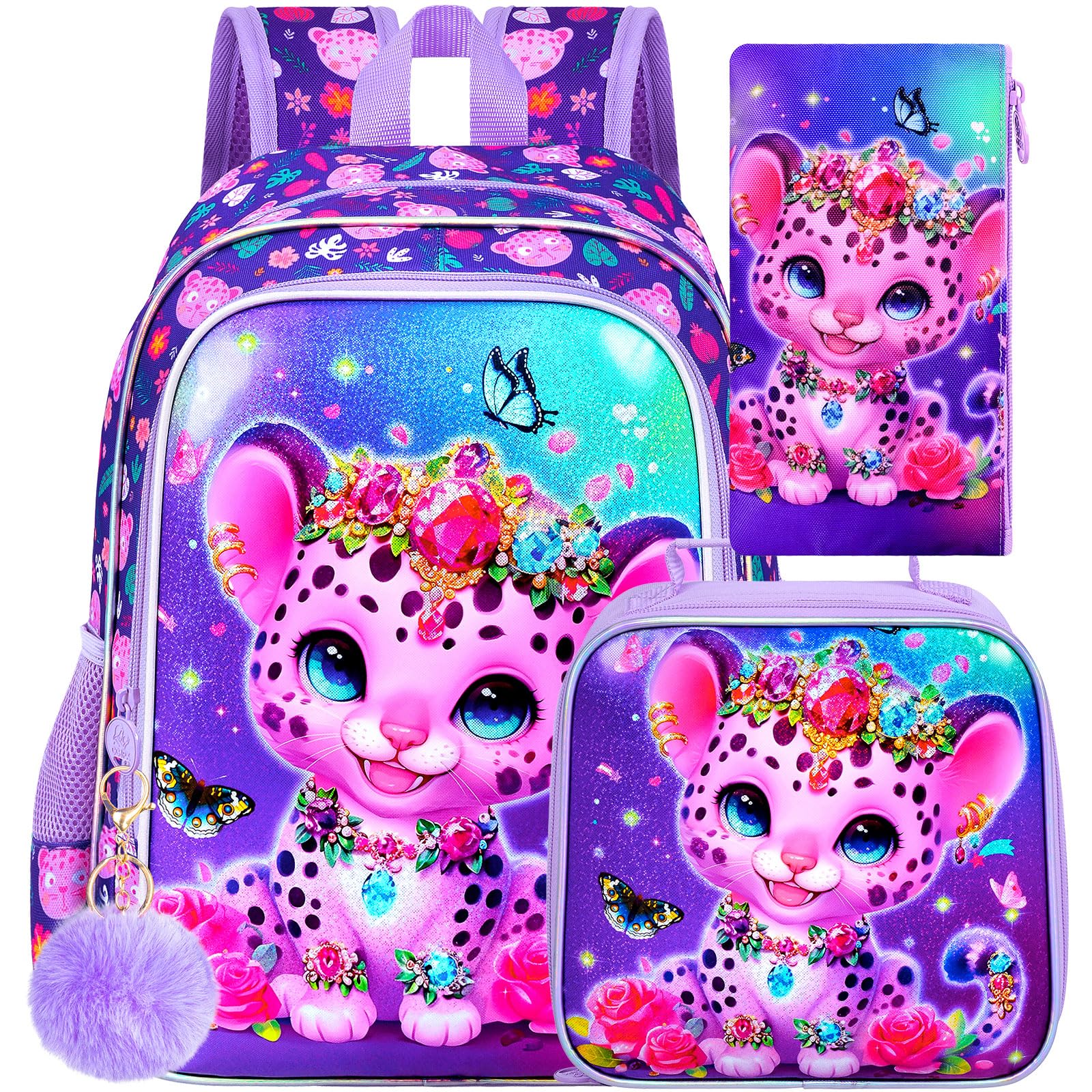 ZLYERT 16" Leopard Backpack for Girls, 3Pcs Kids Bookbag for Elementary Preschool Kindergarten, School Backpacks with Lunch Box(Purple)