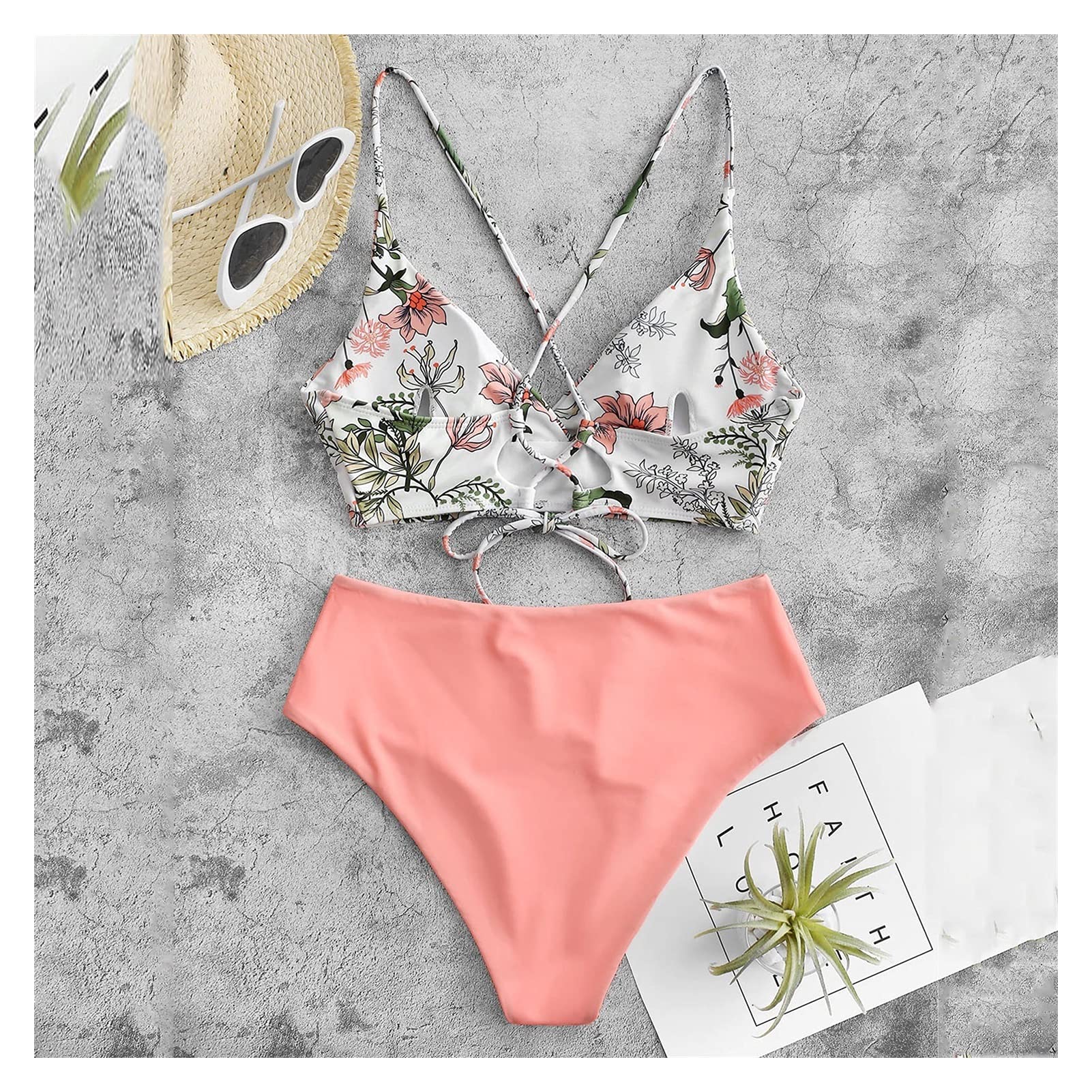 Dwuczęściowy strój kąpielowy Bikini Kobieta Moda letnia Kobiety Dwuczęściowy kwiatowy nadruk Zestawy podzielone Plus rozmiar Kostiumy kąpielowe Strój kąpielowy Bikini Zestaw bikini (różowy XL)