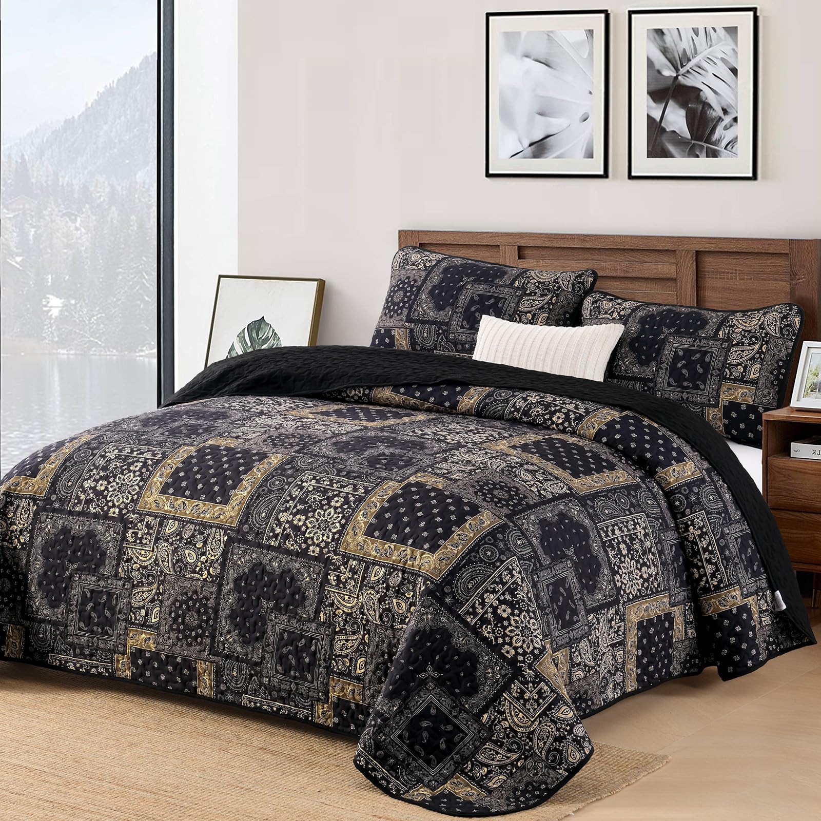 Amazon.com: Cottolester Boho Patchwork Quilt Set Queen Size,Black