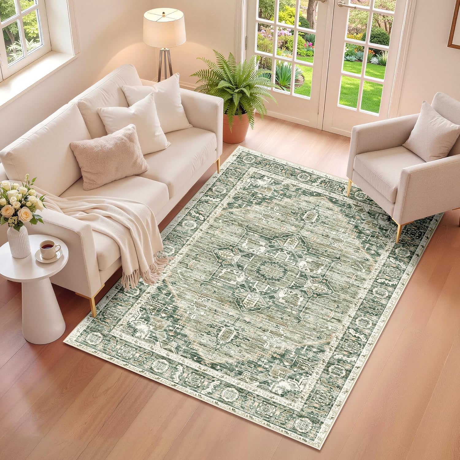 LIVELYGLOW 4x6 Washable Area Rug for Living Room Bedroom, Retro Printed Traditional Vintage Rug, Non-Slip Foldable Large Carpet for Dining Room Home Decor, Beige/Grey
