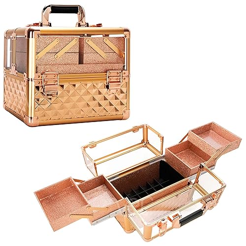 Estuche de maquillaje profesional, organizador de maquillaje de viaje acrílico resistente con 4 bandejas extensibles, diamante de oro rosa (VP017-85) disponible en Yaxa Venezuela