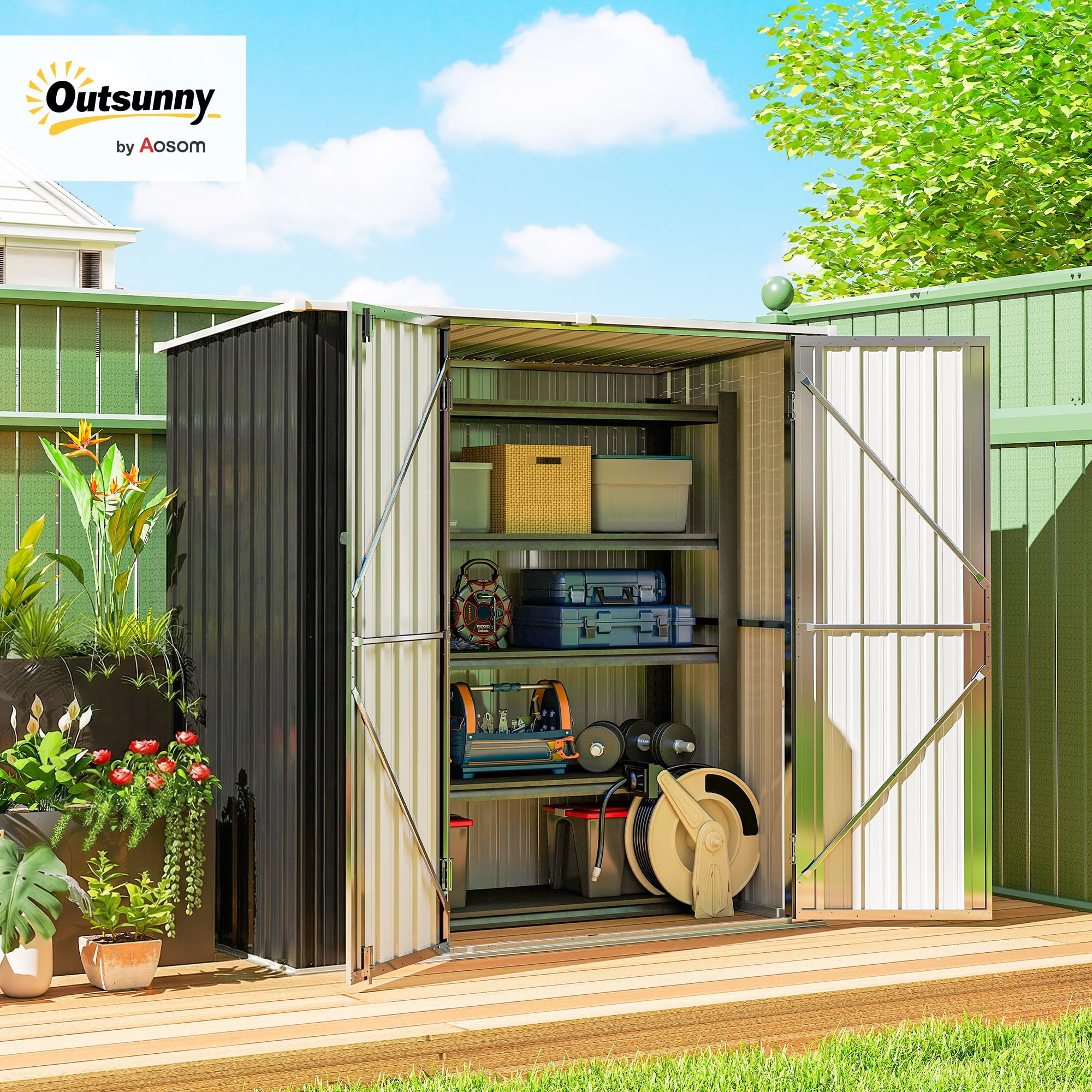 Outsunny Caseta de Jardín Exterior 1,37 m², 163x89x163 cm, Cobertizo de Jardín Exterior Metálico con Techo Inclinado, Puertas con Pestillo y Guantes para Almacenamiento de Herramientas, Gris Oscuro - 3