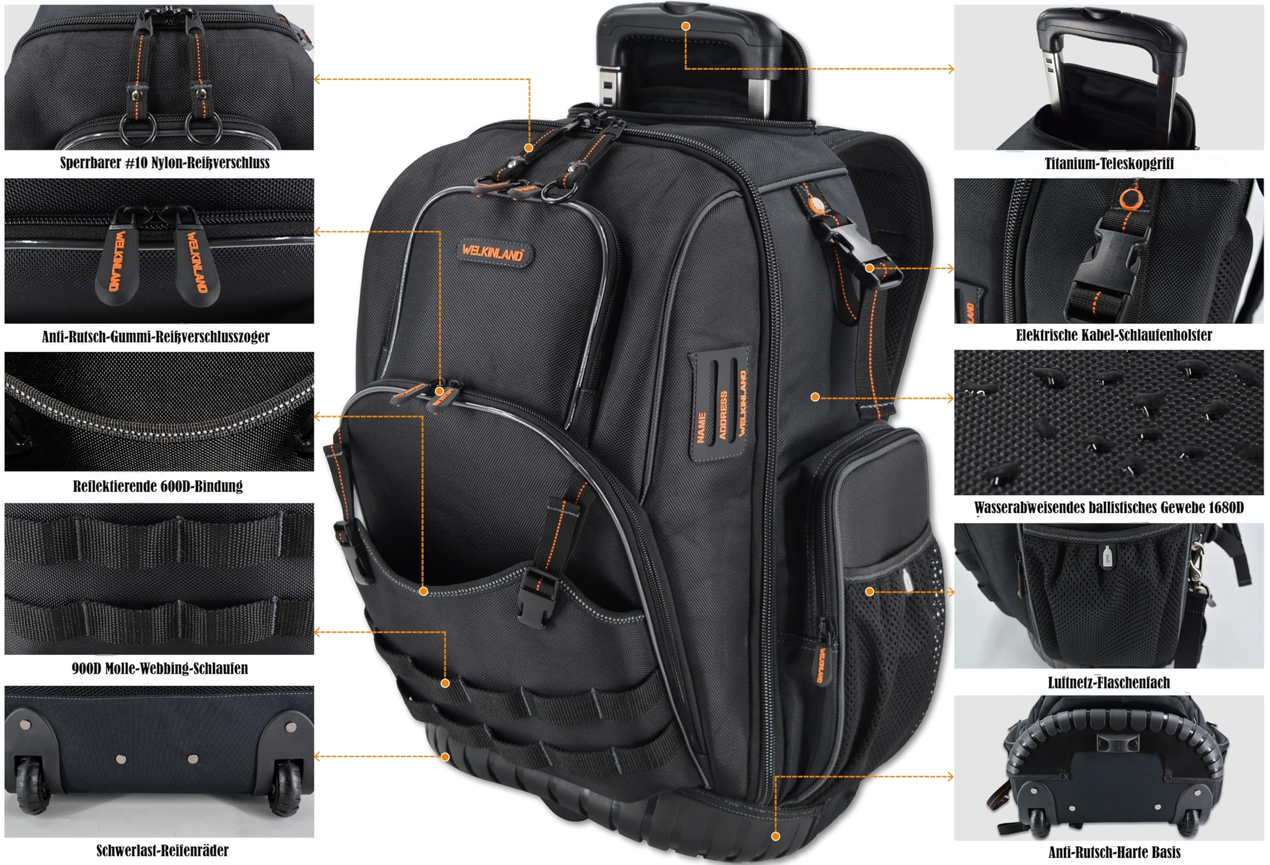 WELKINLAND 72 Taschen Roll-Werkzeug-Rucksack, große Werkzeugtasche mit Rollen, elektrische Tasche mit Rollen für Herren