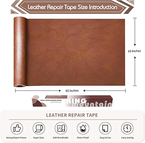 Vista 224 de KING MOUNTAIN Cinta de reparación de cuero, 16 x 60 pulgadas, gris, autoadhesiva, impermeable, ecológica