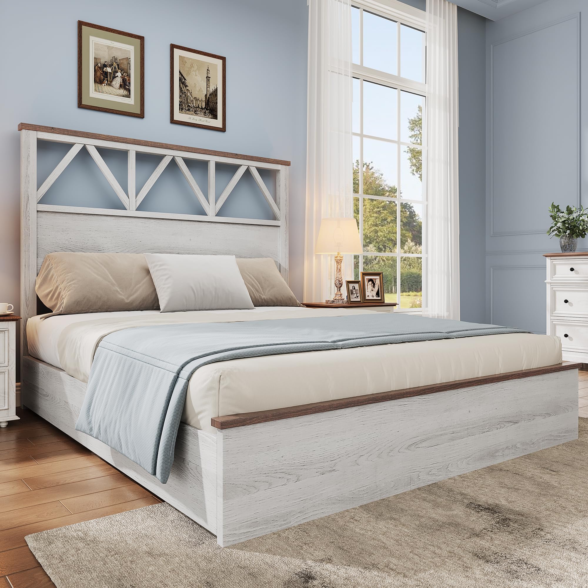 DWVO Simple Full Size Bed Frame with 47.2'' Headboard, Platform Vintage Wood Bed Frame with Slats, Sturdy and Noiseless, No Spring Needed, White