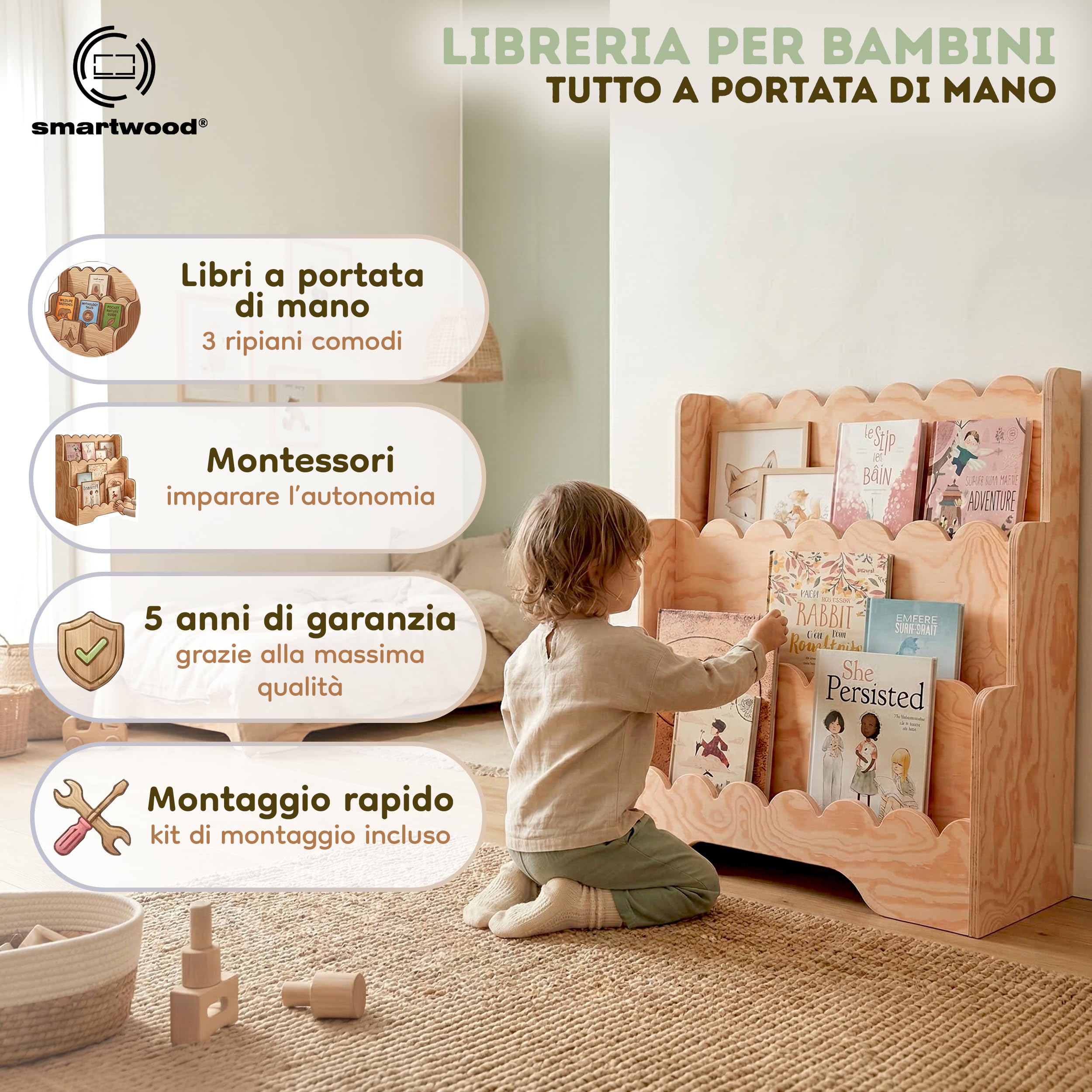 smartwood Libreria Montessoriana per Bambini - Scaffale per Cameretta con 3 Scomparti di Pino Certificato FSC per Libri e Giocattoli 64x31,5x71 cm - Struttura Stabile e Montaggio Facile - LULU