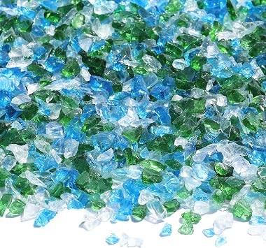 QYGL Crushed Glass for Resin Art, DIY Crafts, and Home Decor - 0.9LB Green Mix Broken Glass Pieces 3-6mm, for Vase Fillers, Tabletop Fire Pit, and Aquarium Rocks