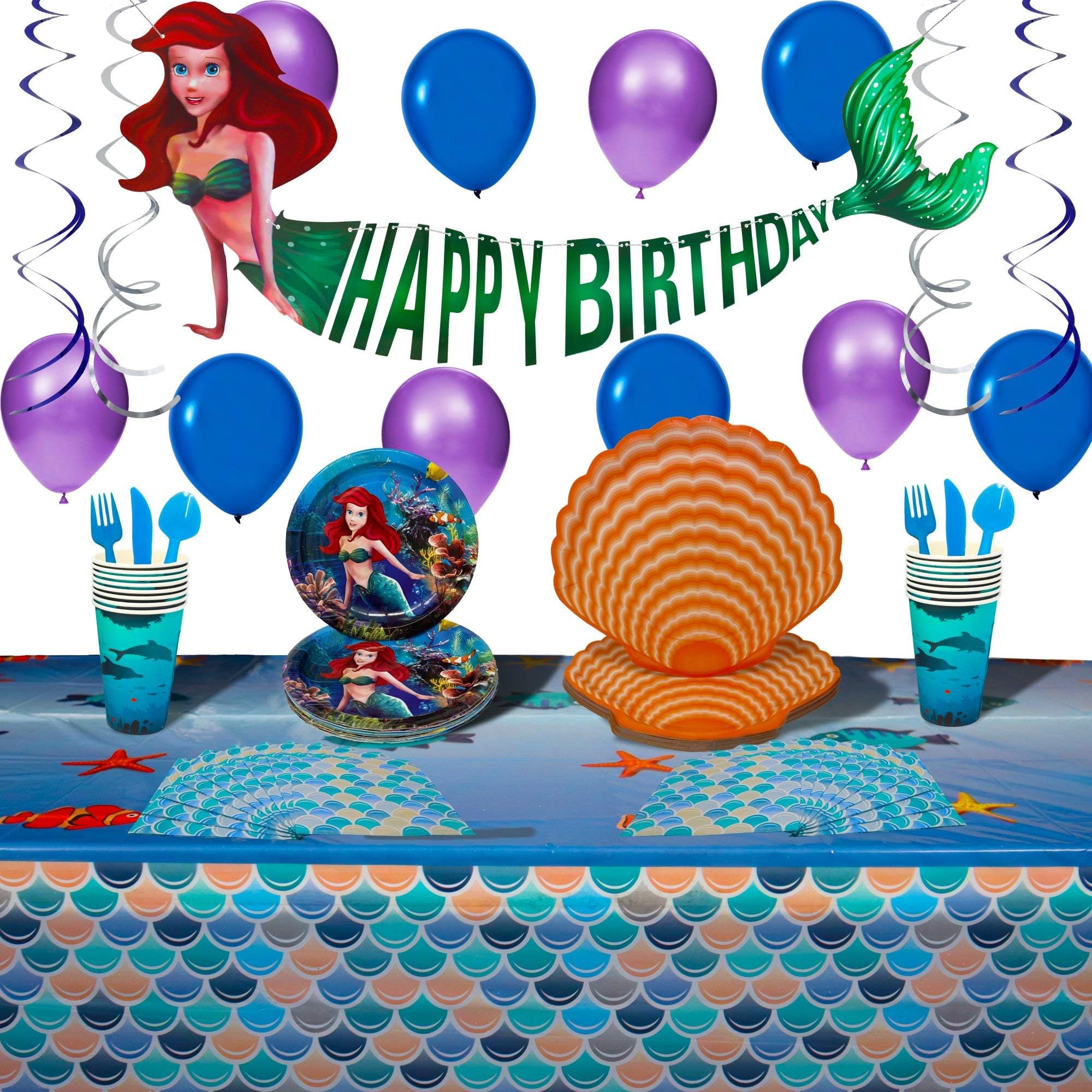 Mermaid Party Supplies Set | Shell Shaped Plates | Serves 16 | 130+ Pieces | Mermaid Decorations and Tableware | Large Mermaid Happy Birthday Banner | Disposable Tableware