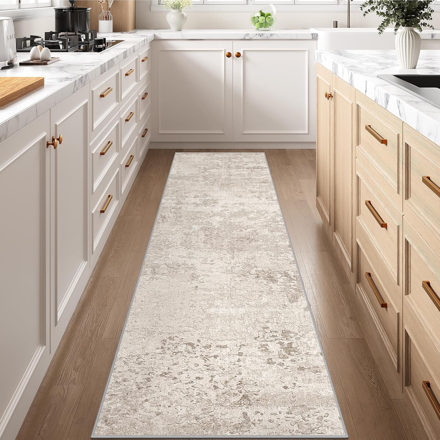 Art&Tuft 2x6 Runner Rug - Washable Runner Rugs, Non-Slip Runner Rug for Hallway, Low-Pile 2x6 Rug Runner Kitchen Laundry Room Rug Throw Carpet for Entrance Bedroom Living Room, Beige Abstract-beige 2' x 6'