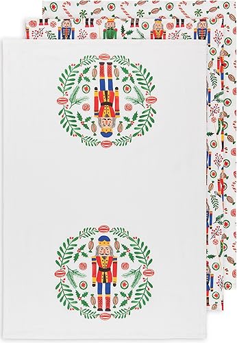 Now Designs Floursack - Juego de toallas de cocina de algodón de secado rápido, 3 unidades, cascanueces navideños, 20 x 30 pulgadas