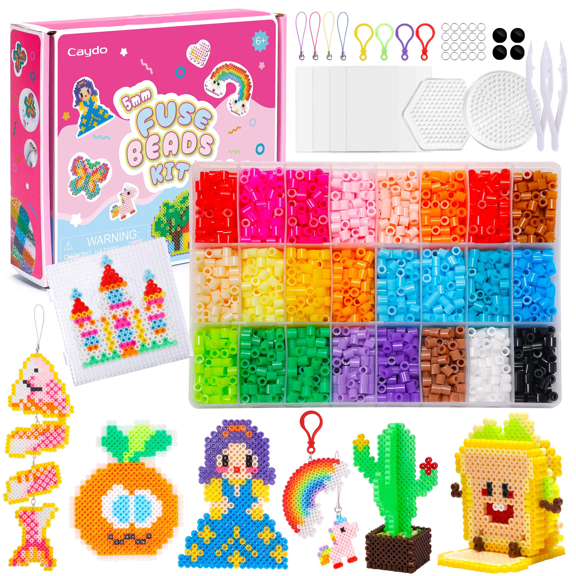 Caydo 24 Farben Bügelperlen Set für Kinder - Komplettset mit 5mm Perlen, 3 Steckplatten, 20 Vorlagen & Geschenkbox für kreative Kunstprojekte zu Weihnachten & Geburtstag