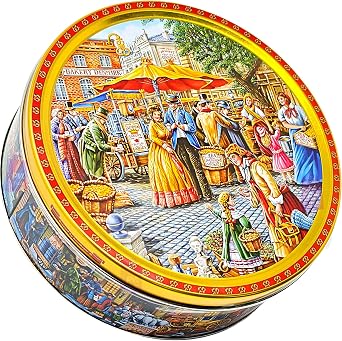 Jacobsens of Denmark Tiramisu with Dark Chocolate Chips Cookies in Embossed Market Square Art Tin 454g - Biscuit Tin Gift for Women, Men & Kids