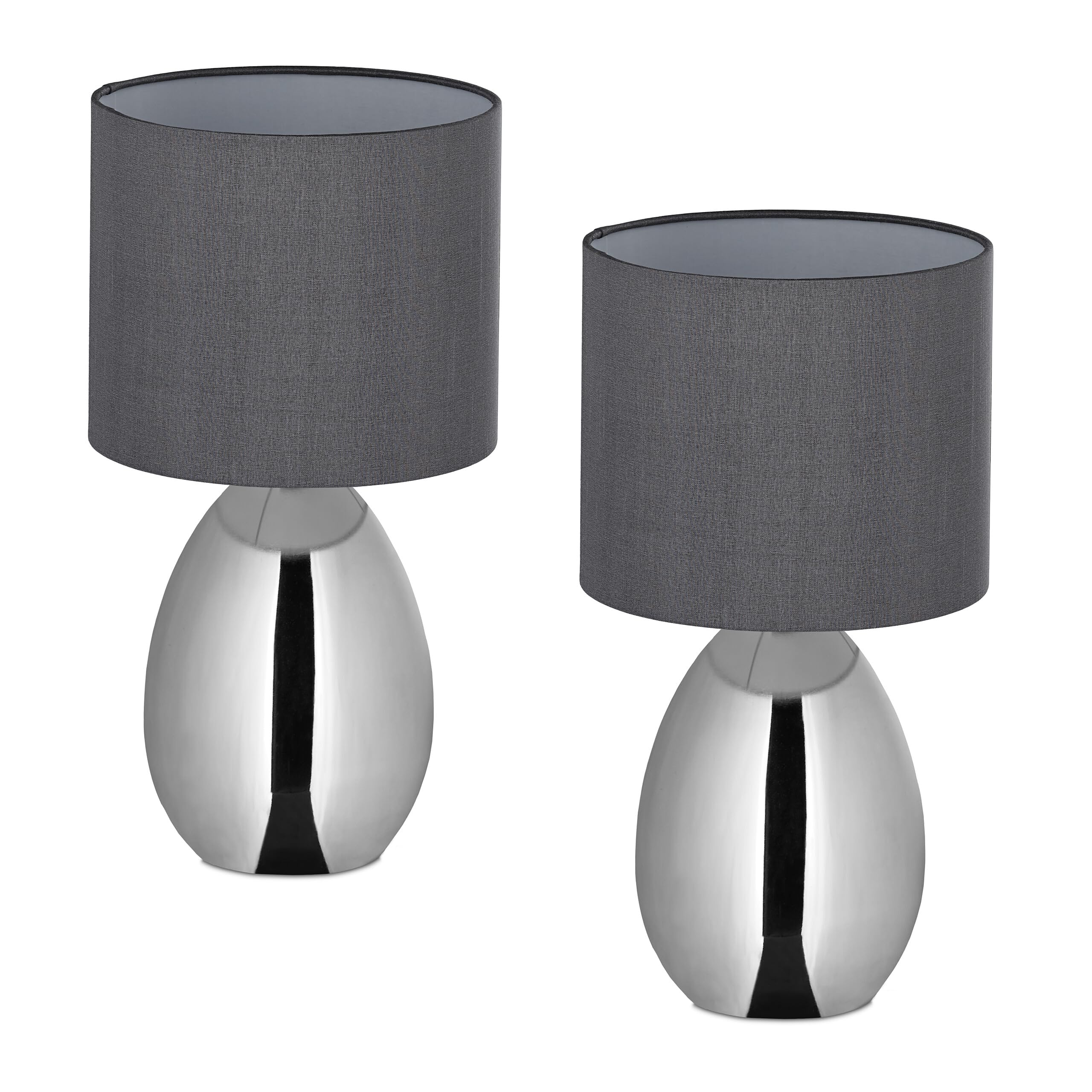 Relaxdays Lampada da Tavolo, Set 2 Abat Jour in Tessuto e Acciaio, E14, HxD: 33,5x18 cm, Luce Comodino da Letto, Argento