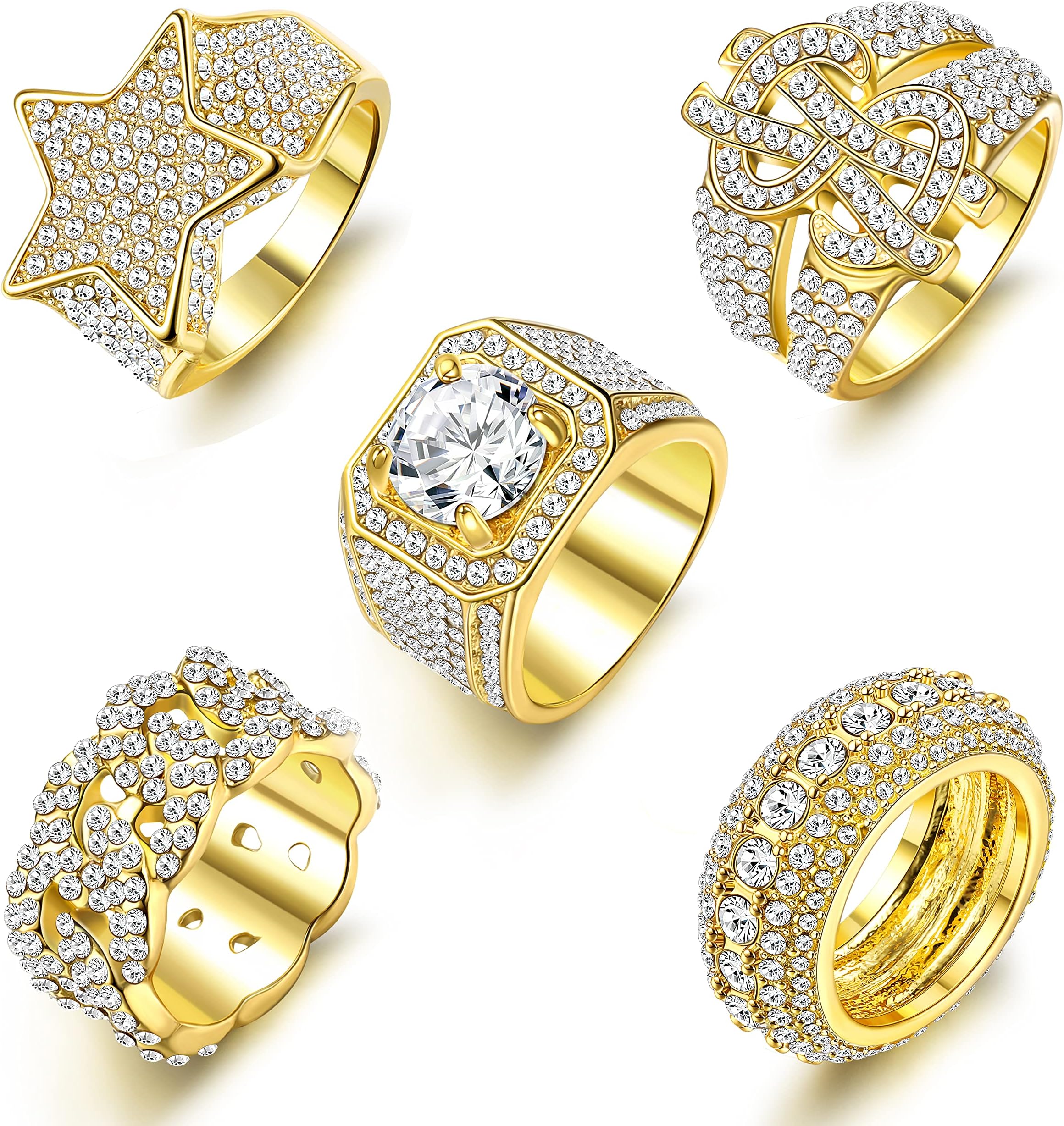 Ring 14K Gold Plated Iced Out Statement Ring Cuban Link Punky Rappers Ring for Men Engagement Hip Hop Jewellery with Diamond CZ Star US Dollar Sign