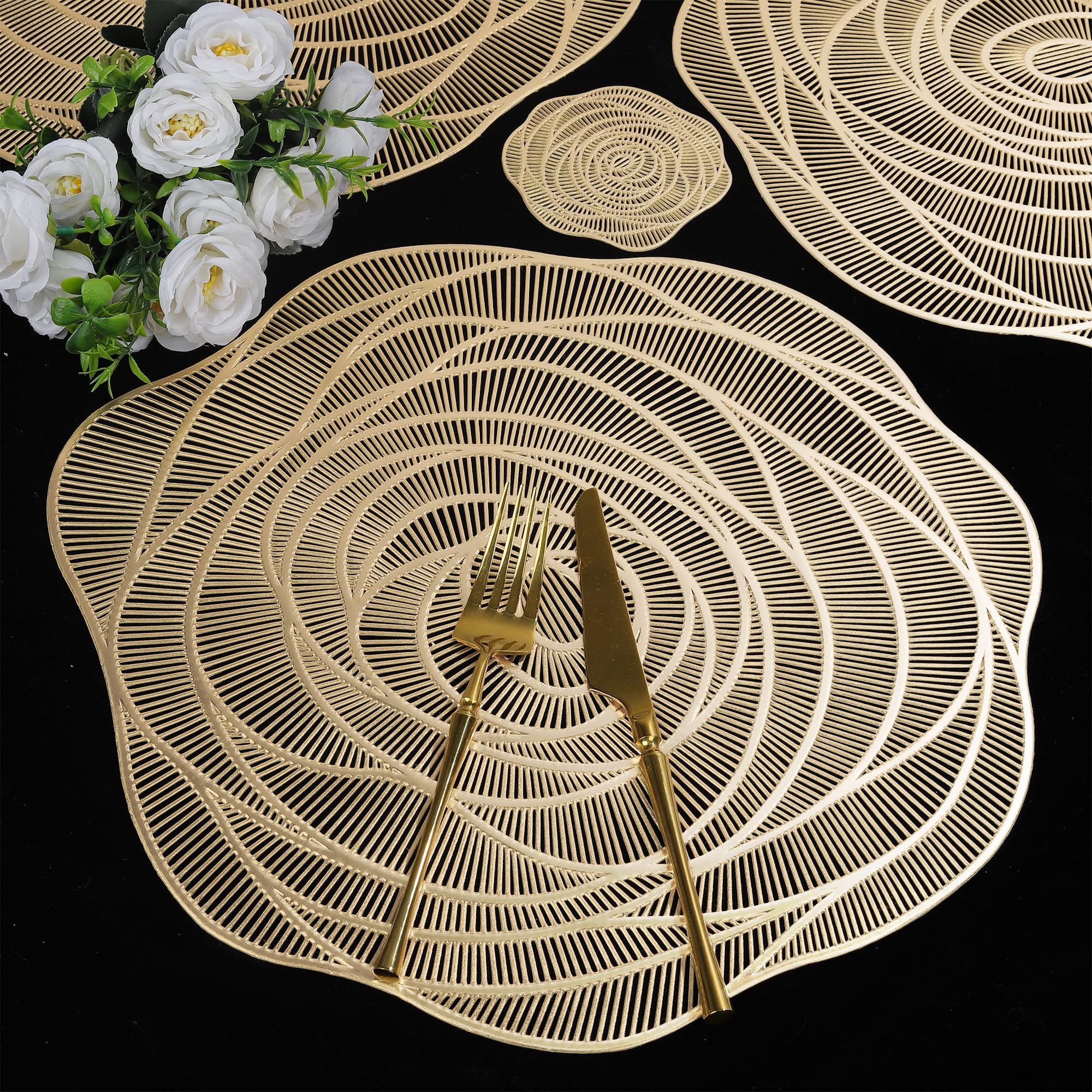 6 Sets De Table PVC Or Rose Antidérapants - Motif Fleurs Creux - Lavables - 38x38 Cm + Dessous Verre