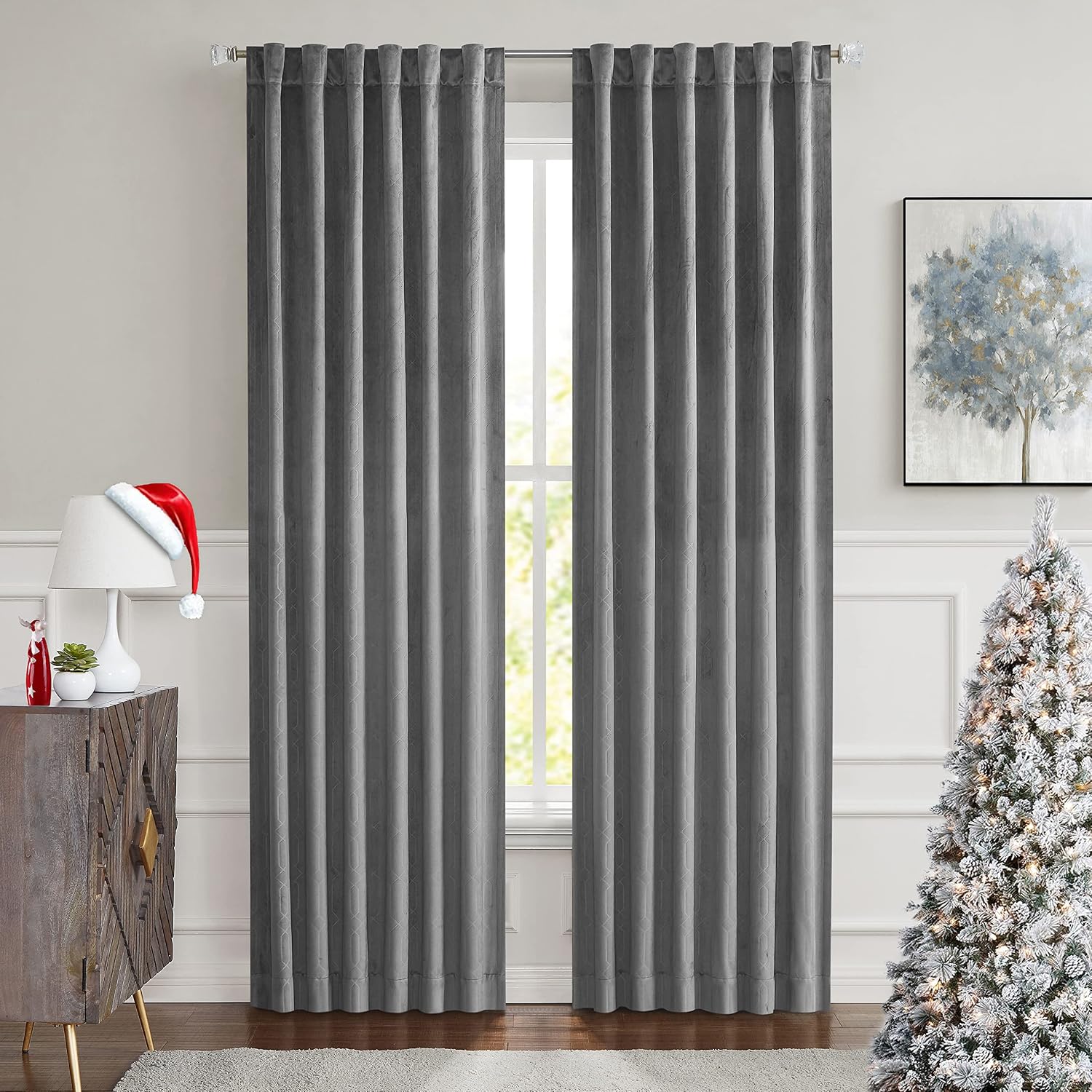 Dark Gray Velvet Blackout Curtain Panels Thermal Insulated 90% Room Darkening Window Treatment Drape Sets Rod Pocket Back Tabs Geo Embossed Trellis Pattern, for Living Room, Bedroom, 52"x95"x2