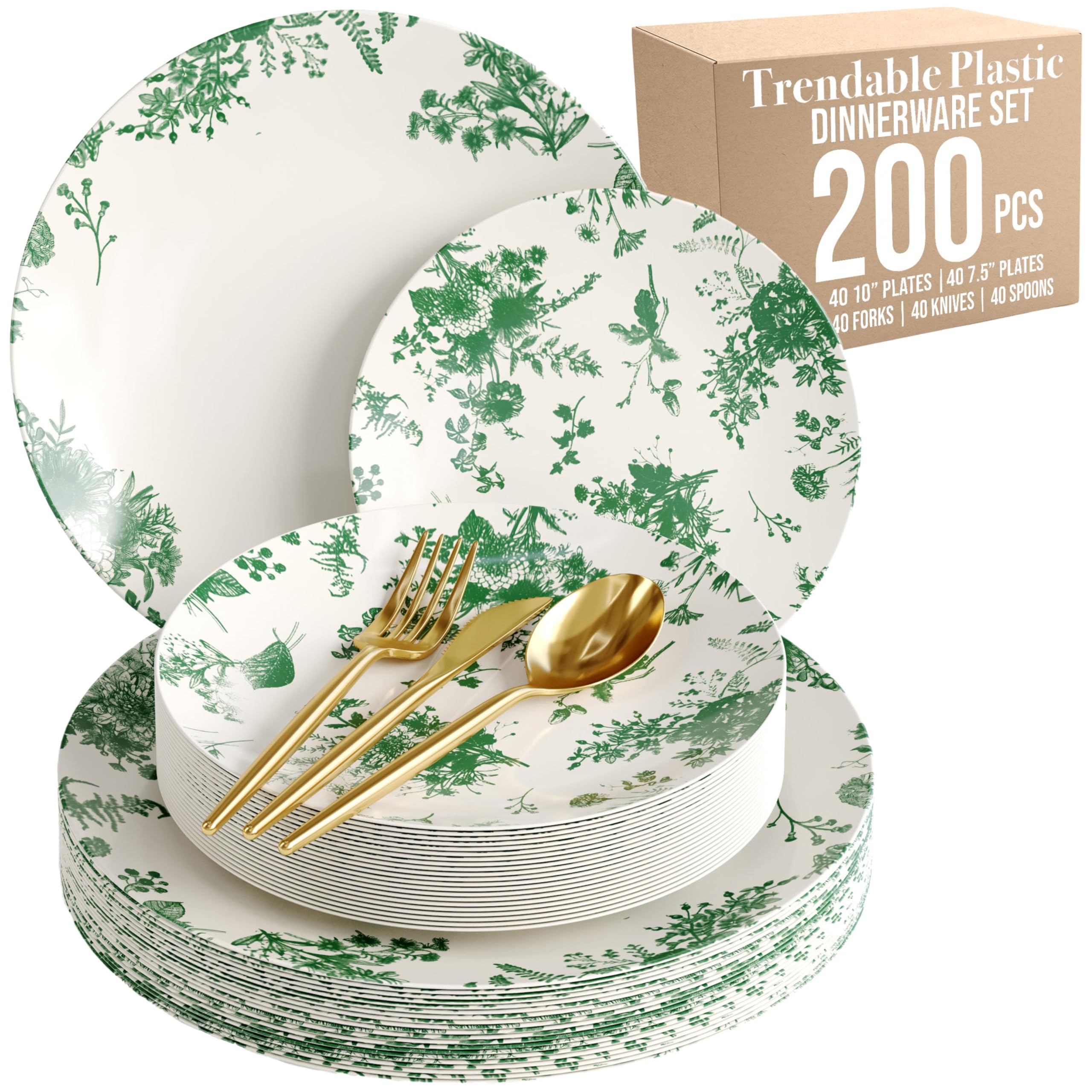 Trendables Fancy Plastic Dinnerware Sets 200 Pc Set 40 Guests Gold Silverware Disposable 40 X 10 Inch Charger Plates 40 X 8 Inch Dessert Plates 40 x