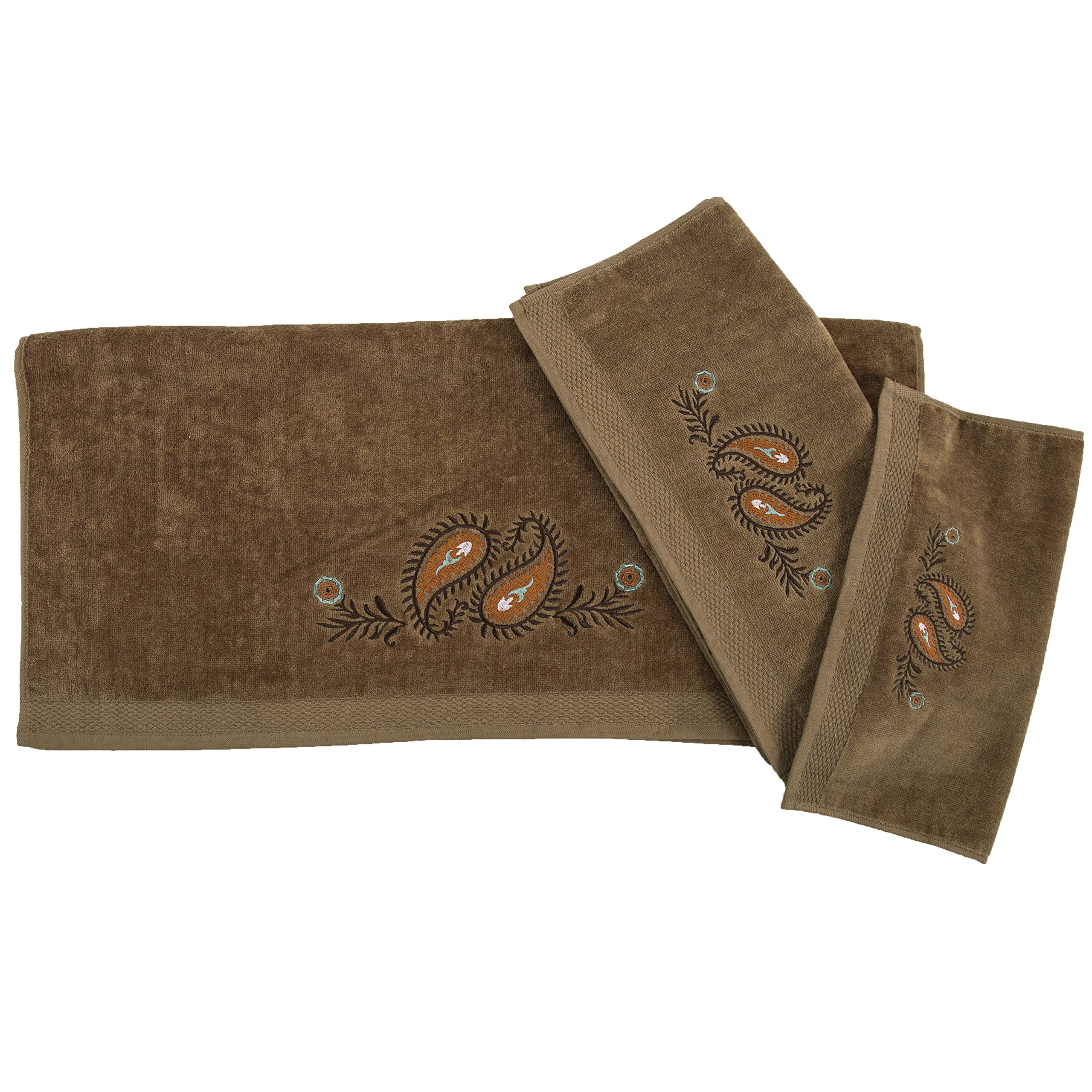 H HIEND ACCENTS Paseo Road Rebecca 3 Piece Western Rustic Bathroom Towel Set, Mocha Solid Color with Paisley Pattern Cotton Towels, Southwestern Bath Towel, Hand Towel and Finger Towel