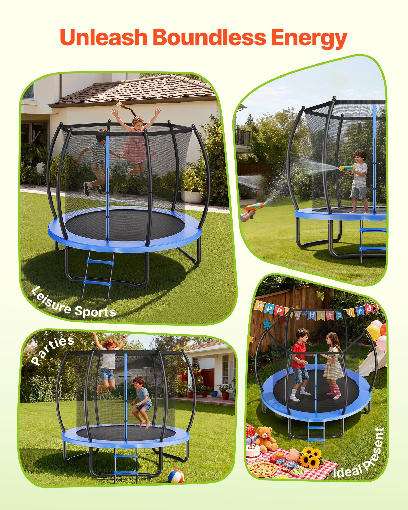 VEVOR Trampolino da Esterno, Trampolino Ricreativo da 2440 mm, Trampolini Approvati ASTM Antiruggine con Rete di Protezione e Imbottitura Ispessita, Capacità di Peso Massima di 120 kg