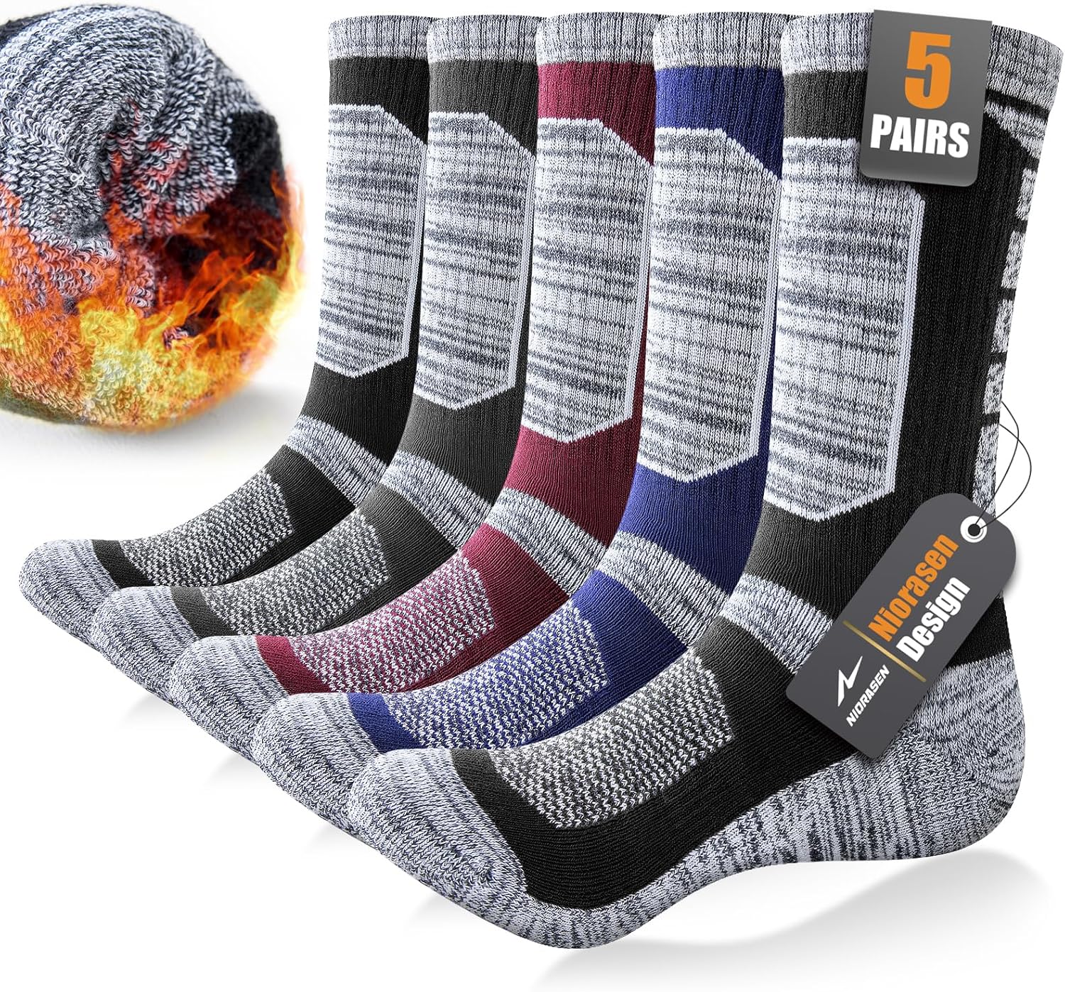 Full Cushion Thermal Socks for Men, Thick Cotton Mens Work Socks, Padded Mens Warm Socks, 5 Pairs Crew Winter Sports Socks for Outdoor Walking Hiking Running Climbing