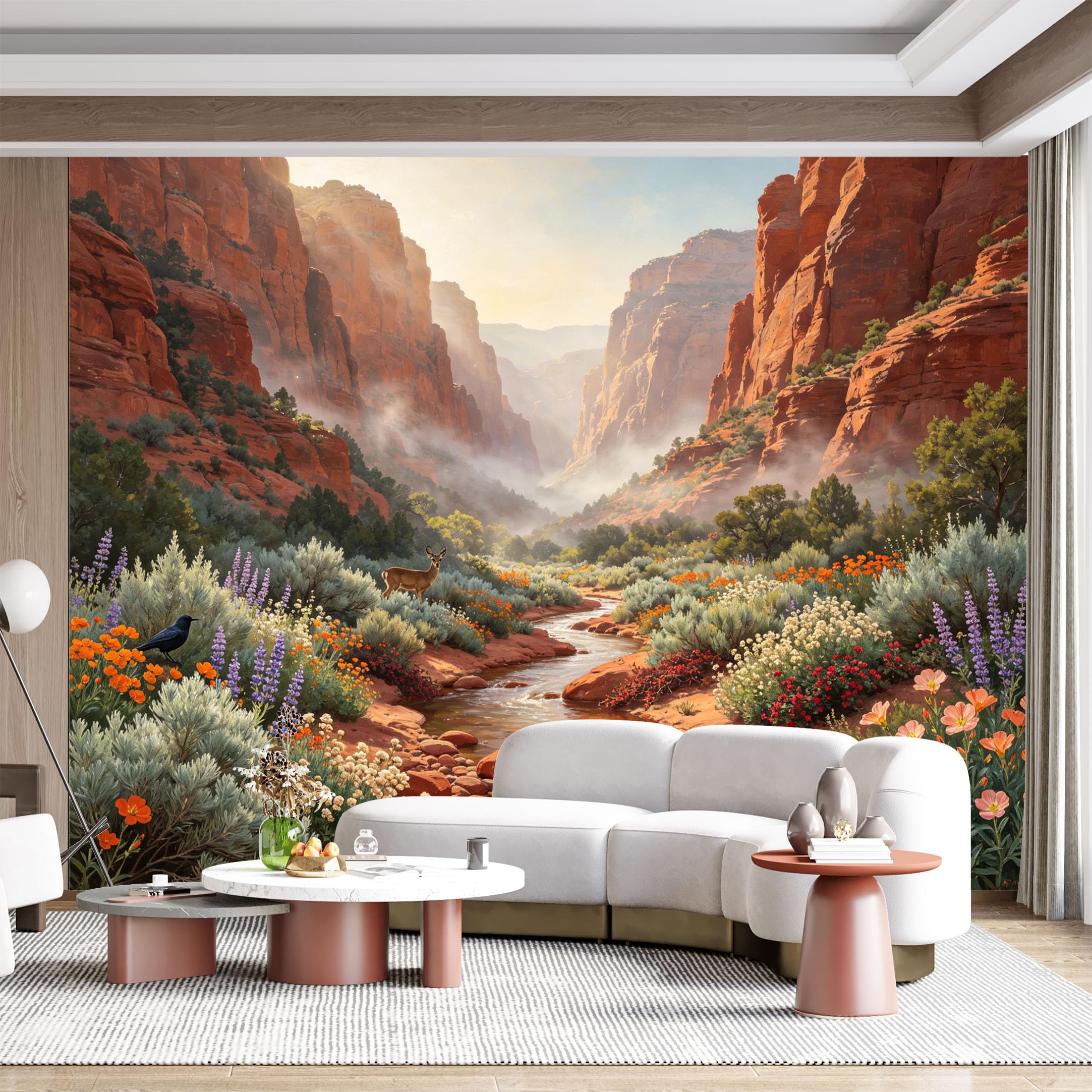 Custom Size Wall Mural Desert Canyon Landscape River Floral Watercolor SelfAdhesive Wall Fabric Removable for Home Office Decor