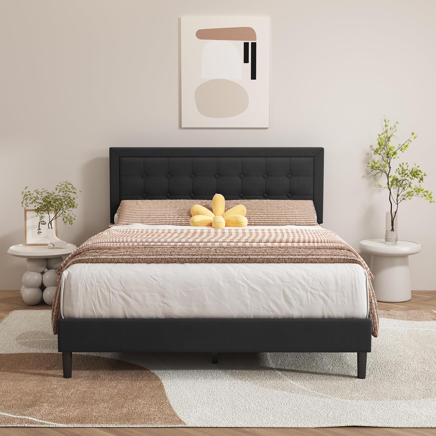 Amazon.com: alazyhome Queen Size Black Modern Upholstered Platform Bed ...