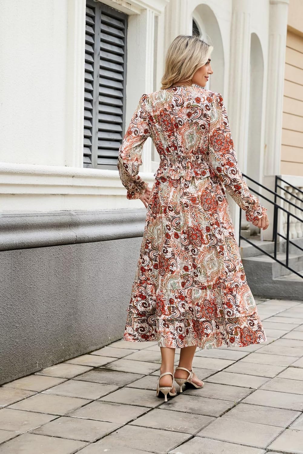 ZAFUL Women's Floral Midi Dress Long Sleeve V Neck Smocked Ruffle Boho Fall Dress - Image 3