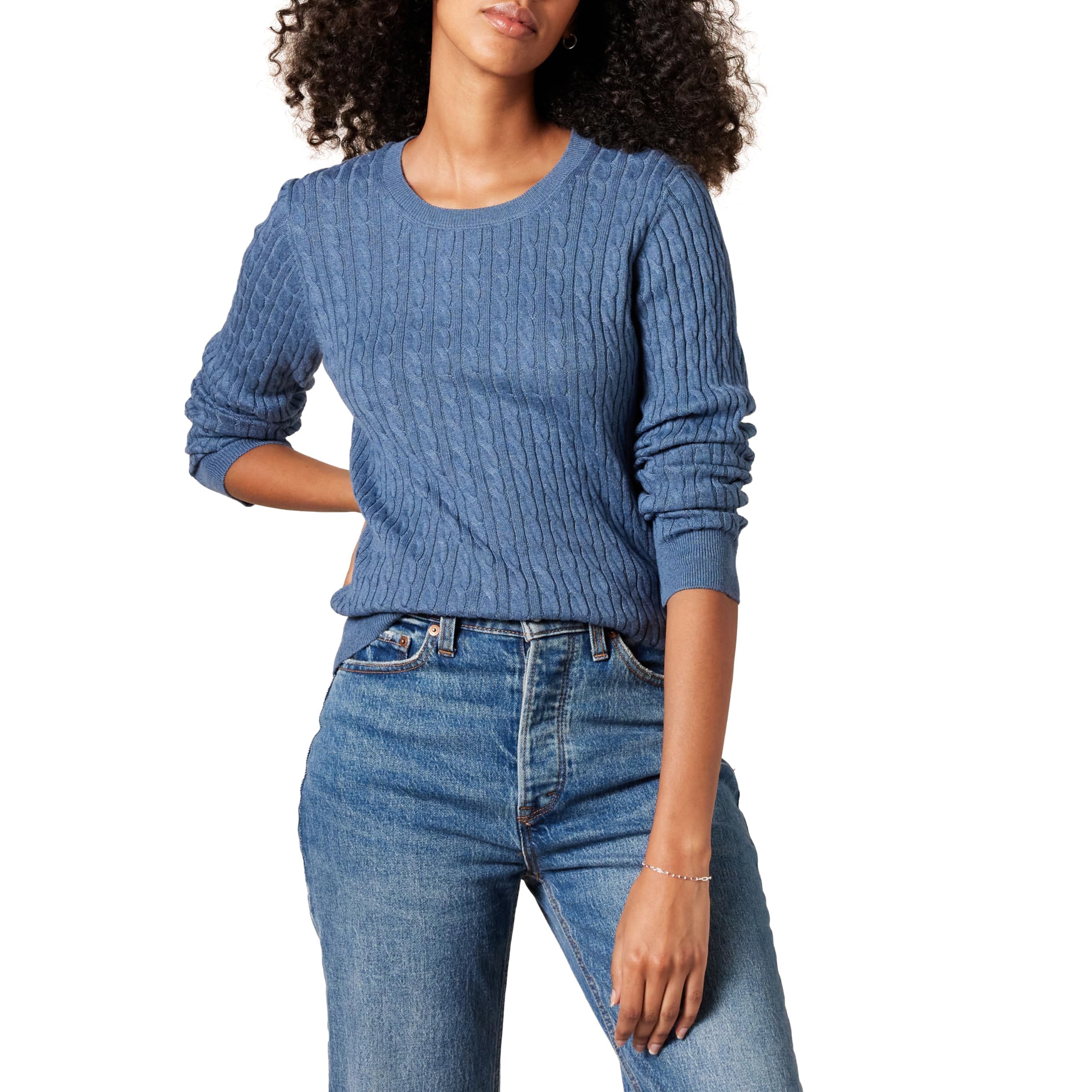 Amazon Essentials Women's Lightweight Cable Knit Long Sleeve Sweater, French Blue Heather, Large