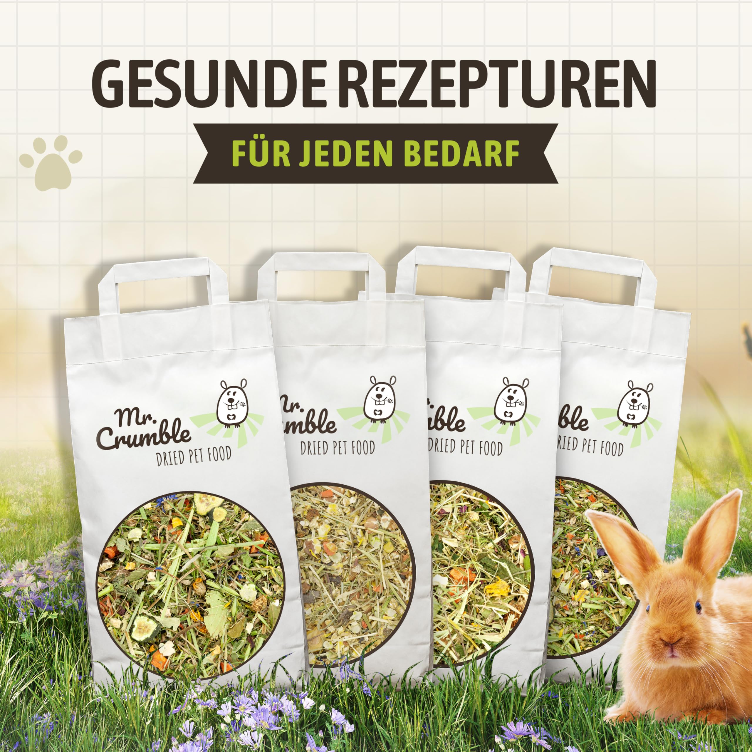 Mr. Crumble Mümmel-Mix Kaninchenfutter 5 kg – getreidefreies Kaninchen Hauptfutter für Zwergkaninchen – ohne Pellets, mit Kräutern, Gemüse, Blüten & Saaten – strukturreiches Trockenfutter